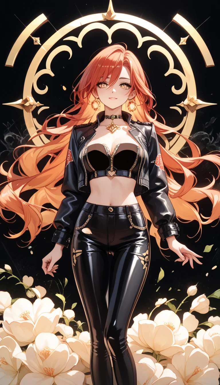  masterpiece， High Resolution ，Anime Art，Anime Numbers， 4k anime wallpaper，Soft Light， radiant skin， unique ，An anime girl， red hair，Crawling on glass，The body is squeezed ，chest， black leather pants ， Long Legs， her golden eyes， black background