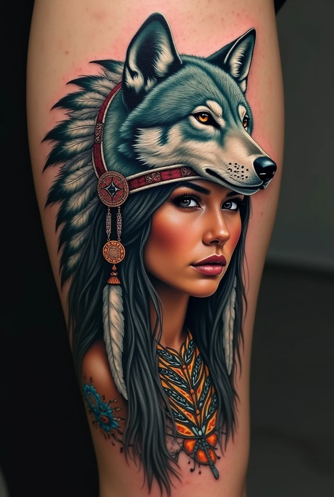 Una mujer en la treintena con pelo rubio muy claro y largo recogido en una coleta alta, con ojos almendrados verdes, cejas arqueadas rubias, nariz recta griega, una sonrisa de labios gruesos y dientes blancos, rostro anguloso, pendientes de aros, with a dreamcatcher tattoo on his upper arm