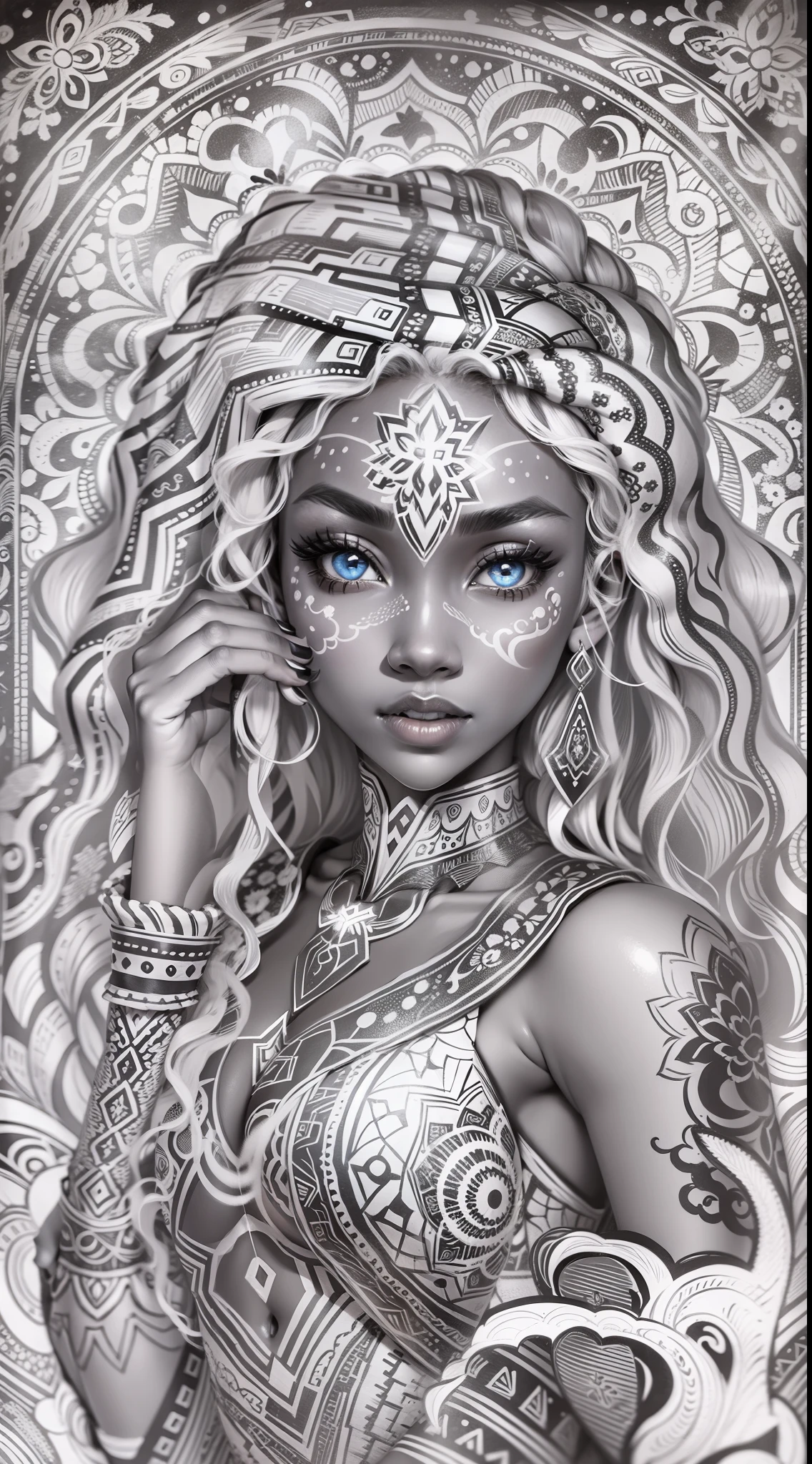Coloring book pages, Black and White, 32K, Full body view, Very beautiful tribal brown skinned girl, Extremely detailed painting on her face and body 、Brightly colored painting , Stunning bright eyes , Gorgeous white hair,With highlights, Magical starry sky background