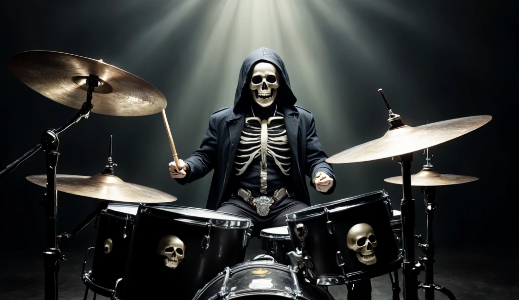 A gothic (cyber punk) skull, playing drums, shaped like skulls, full body shot. photo studio, focus, sharp image, geometric lighting, 8k.