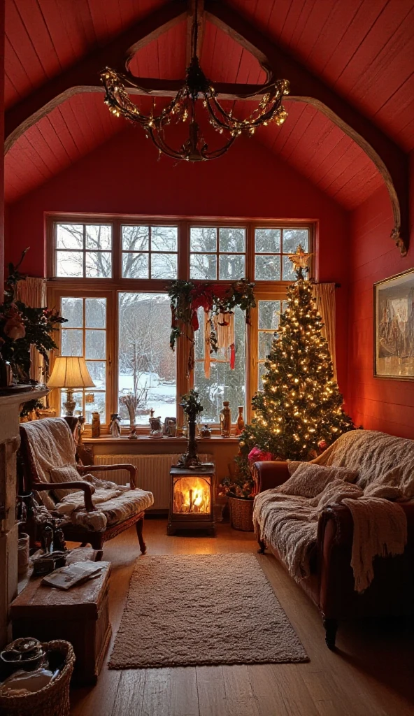 a photo of a red Swedish wooden house interior, hygge, Christmas time, cozy, fairylights, modern interior, knitted blanket