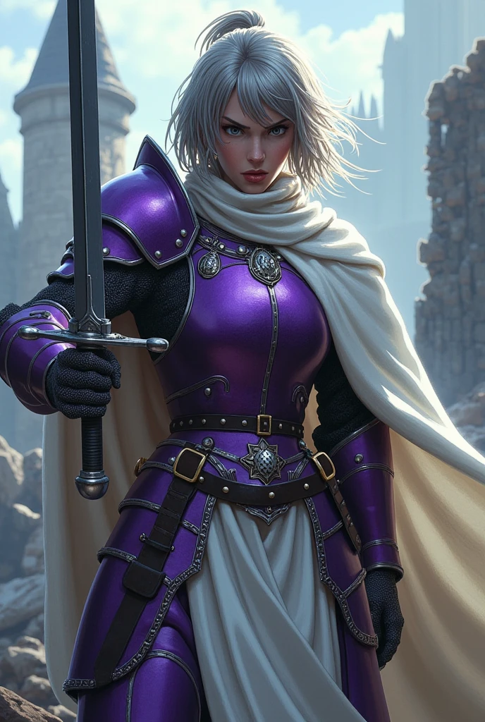 A russian female knight, grey eyes, grey choppy curly bangs hairstyles, menacing face, violet color armor adorned with jewelry, sword-swinging pose, white robes, conquered fortress background.