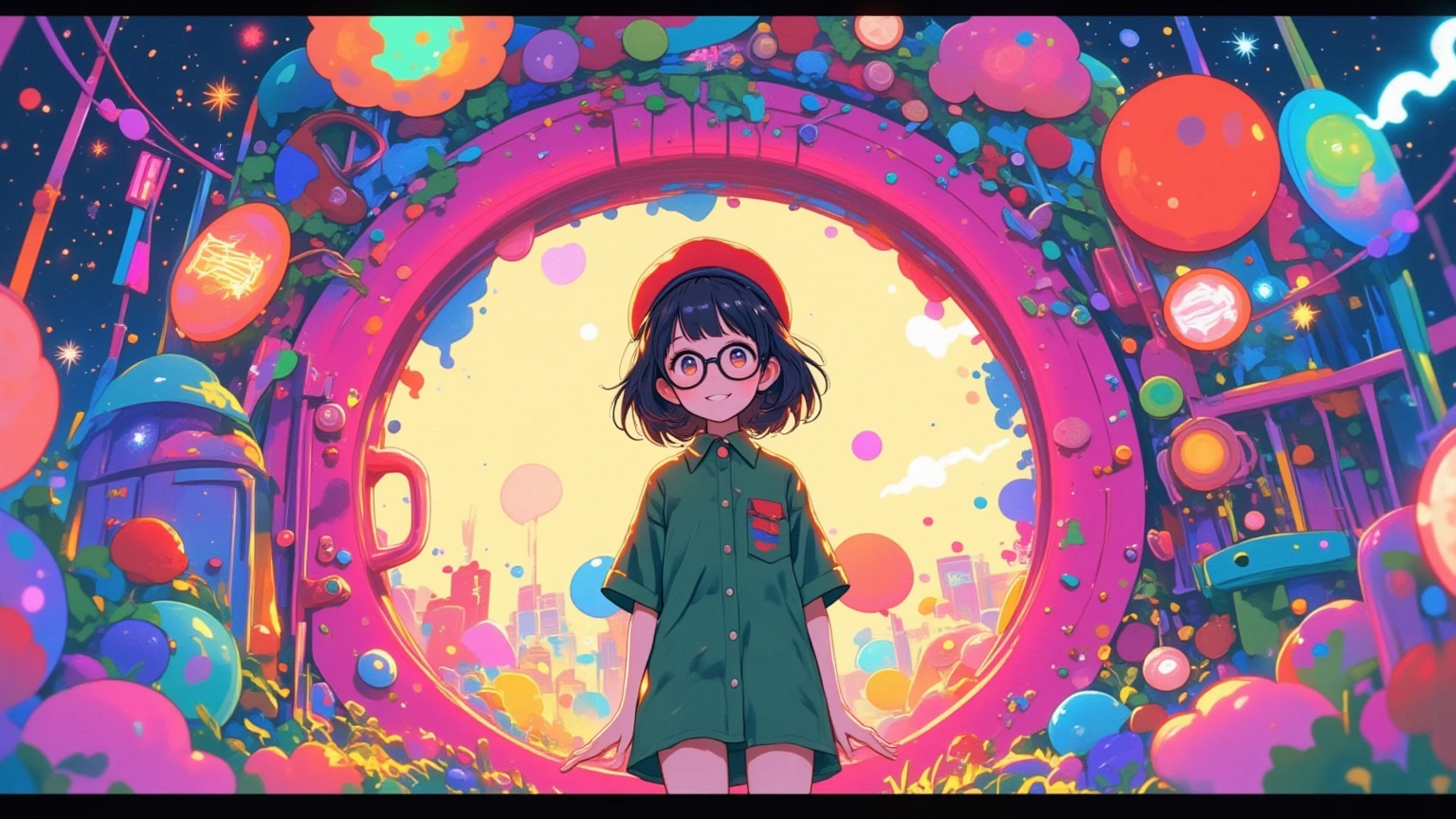 (masterpiece, high quality, high res, 4k, 8k, detail), cute Japanese girl (one solo, lo-fi girl, cute face, best smile), (black hair, short hair, black rimmed glasses, red beret, green shirt dress), (anatomically correct body, hands, fingers), cute pink round door opening, door seven-colored light shining through the other side.