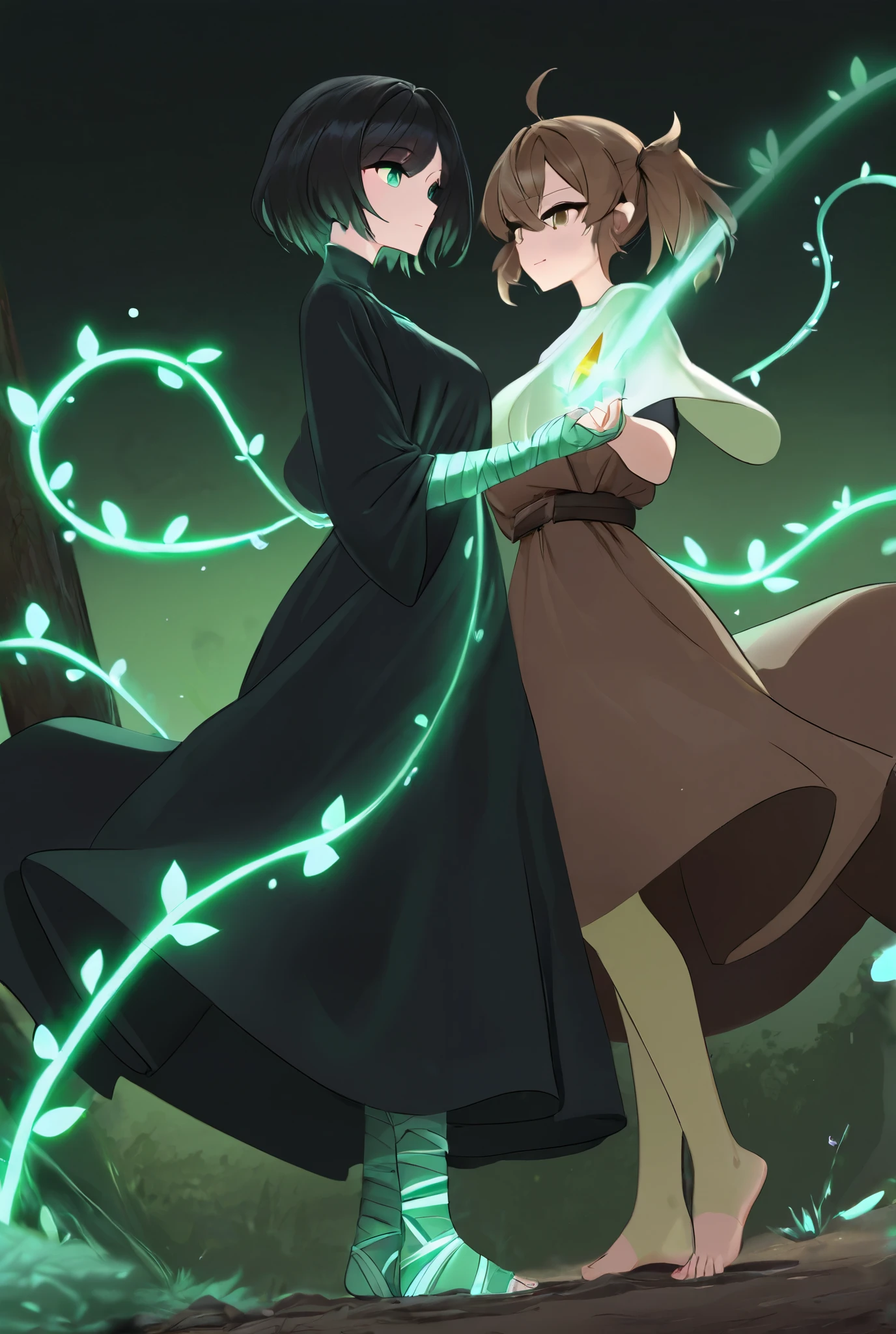 An anime-style illustration set in a breathtaking post-apocalyptic world on the brink of renewal. In the foreground, Kian and Lira stand back-to-back on a grassy hill, symbolizing their connection and shared sacrifice for the world.
Kian, standing tall, has his dark brown hair slightly messy and a worn battle cloak fluttering in the wind. His golden eyes glow faintly as he gazes forward with determination, holding a shard of the Evolution Core in his hand. The shard emits a soft green and golden light, casting a radiant glow on his scarred yet resolute face.
Behind him, Lira stands gracefully, her long black hair with green-tinted tips flowing in the wind. Her form is semi-translucent, blending into the scenery, symbolizing her sacrifice and eternal connection to the world. Her emerald eyes look over her shoulder, filled with quiet strength and serenity. Green, glowing vines wrap around her arms and feet, extending into the earth and connecting her to the massive tree in the distance.
