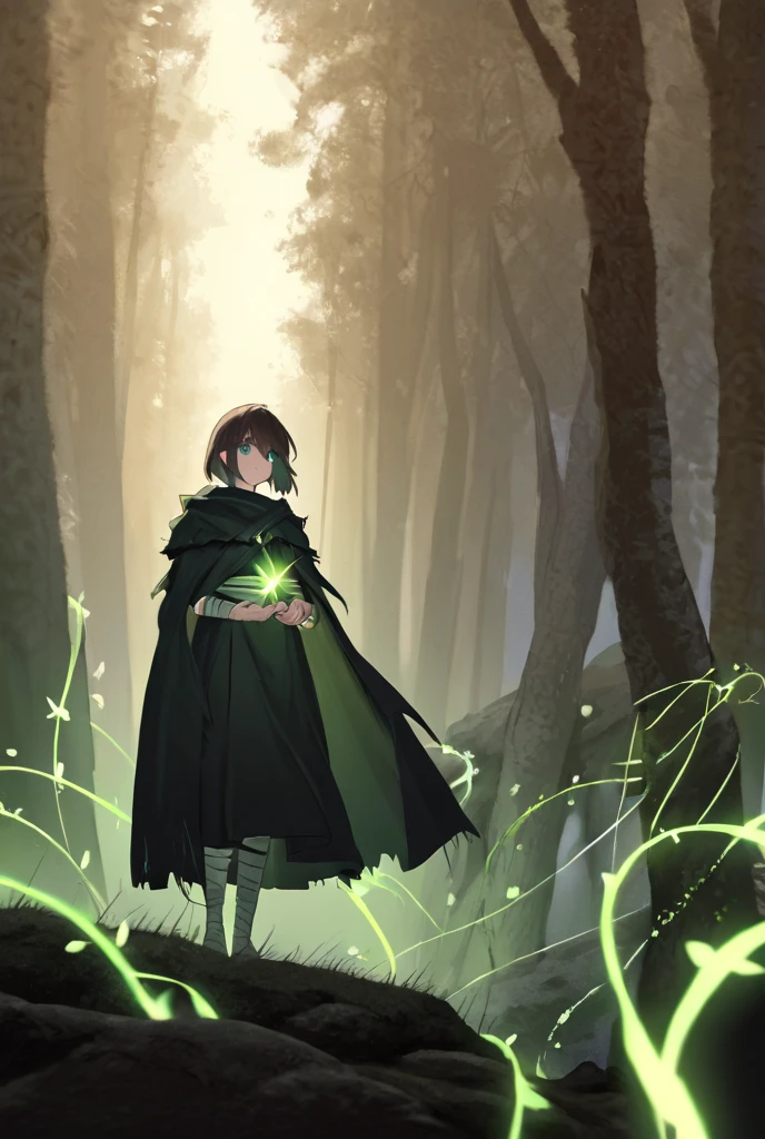 An anime-style illustration set in a breathtaking post-apocalyptic world on the brink of renewal. In the foreground, Kian and Lira stand back-to-back on a grassy hill, symbolizing their connection and shared sacrifice for the world.
Kian, standing tall, has his dark brown hair slightly messy and a worn battle cloak fluttering in the wind. His golden eyes glow faintly as he gazes forward with determination, holding a shard of the Evolution Core in his hand. The shard emits a soft green and golden light, casting a radiant glow on his scarred yet resolute face.
Behind him, Lira stands gracefully, her long black hair with green-tinted tips flowing in the wind. Her form is semi-translucent, blending into the scenery, symbolizing her sacrifice and eternal connection to the world. Her emerald eyes look over her shoulder, filled with quiet strength and serenity. Green, glowing vines wrap around her arms and feet, extending into the earth and connecting her to the massive tree in the distance.
