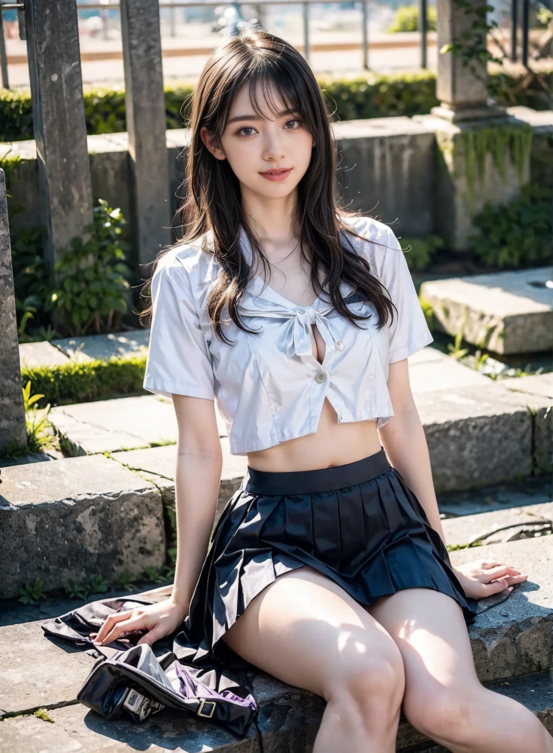 (Raw photo:1.2), (Photorealistic), Beautiful detailed girl, Very detailed eyes and face, Beautiful detailed eyes, Huge file size, High resolution, Very detailed, Best Quality, [masutepiece:1.6], Illustration, Very detailed, Fine detail, Best Quality, 8K Wallpaper, Movie Lighting,Japan's 18-year-old idol, There are countless ginkgo trees around., tree-lined street, Countless yellow and green ginkgo leaves flutter, kawaii eyes, Long wavy black hair, Front button open shirt, White bra in full view, Brown pleated skirt, Red ribbons, Black boots, Slim Boti, Immature body, Young Face, Smaller chest, Ginkgo biloba street tree, Autumn landscape, Autumn sunny, Sardine cloud, bright expression