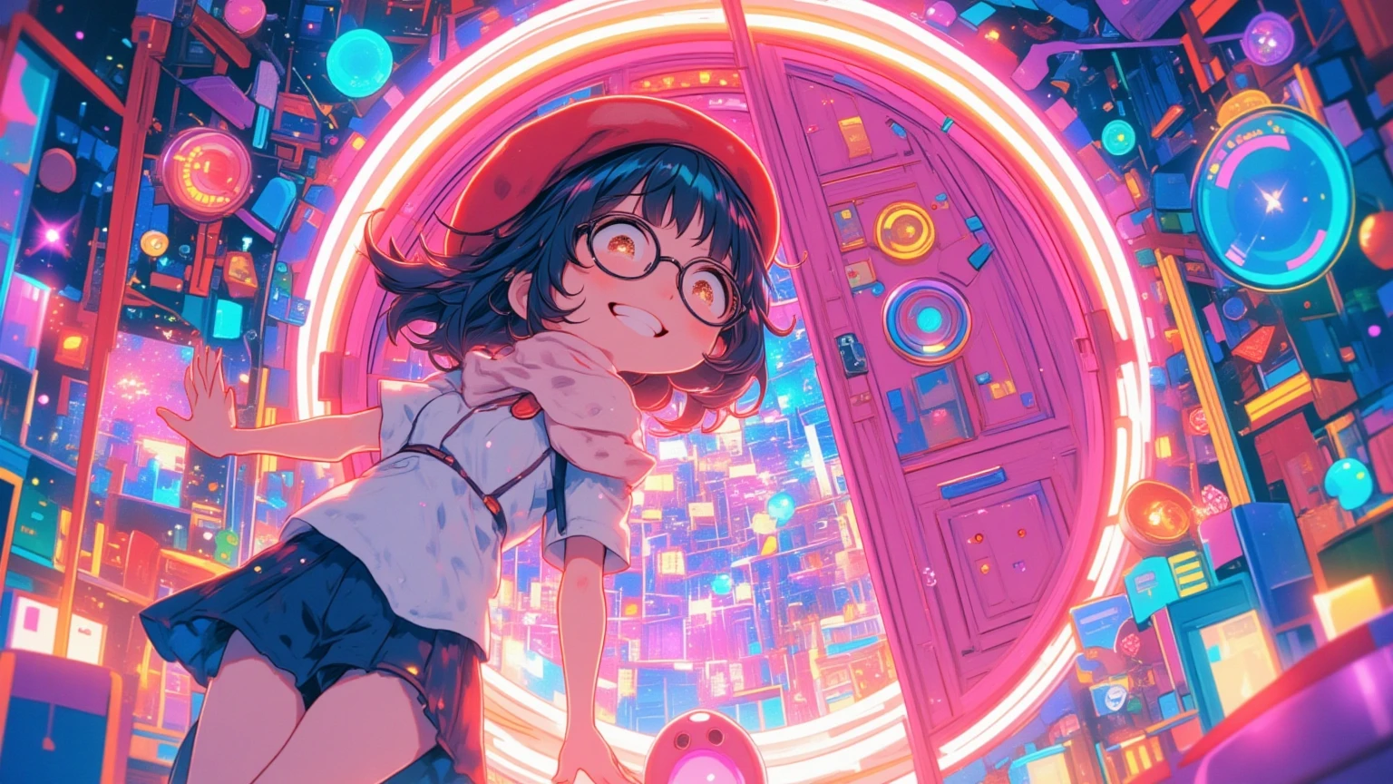 (masterpiece, high quality, high res, 4k, 8k, detail), cute Japanese girl (one solo, lo-fi girl, cute face, best smile), (black hair, short hair, black rimmed glasses, red beret, green shirt dress), (anatomically correct body, hands, fingers), cute pink round door, door to future Open, seven-colored light shining through the door, the beginning of a new adventure, smile, open arms.