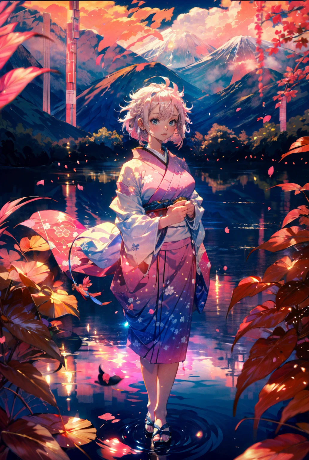 1girl,cute,beautiful,(((pink short hair,blue eyes))),big breast,wearing kimono,colorful kimono,standing lakeside,
outdoor,mount Fuji,reflection to lake,sunshine,