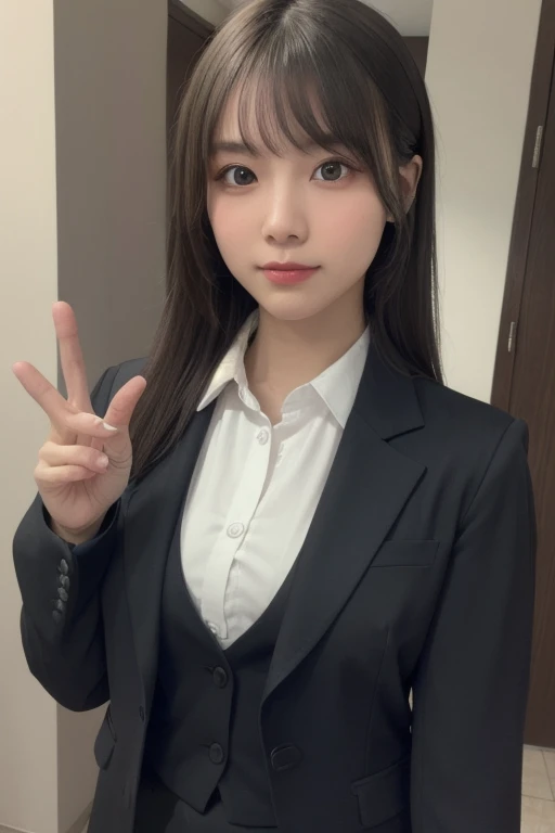 best quality, masterpiece, 1 girl, pretty face, (photo actual:1.3), rim lighting, (high detail skin:1.2), 8k uhd, dslr camera, high quality, high resolution, 4k, 8k, bokeh, absurd, best ratio of four fingers and one thumb, (actual:1.3), cute 1 girl, wearing black formal suit jacket, , short skirt