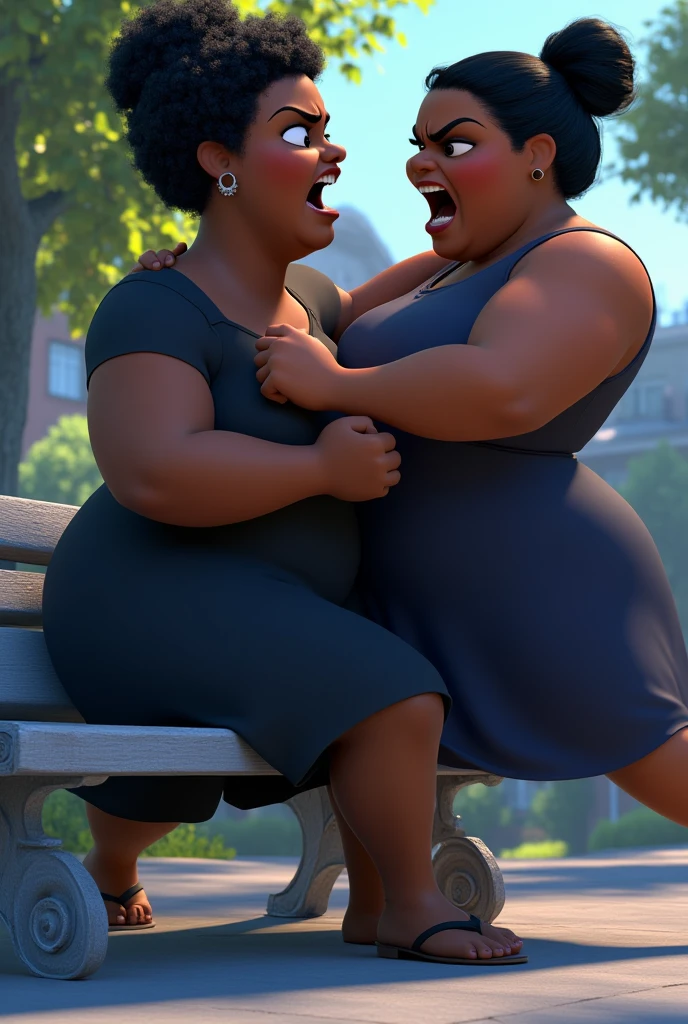  a black woman ,  looking 40 year old fat with black hair tied up,  in a dark black dress she is sitting on a bench  ,  has a fat black woman looking 40 years old in a dark blue dress and short hair tied up beating her , It's a fight to pull hair out , An unusual and chaotic angry face  