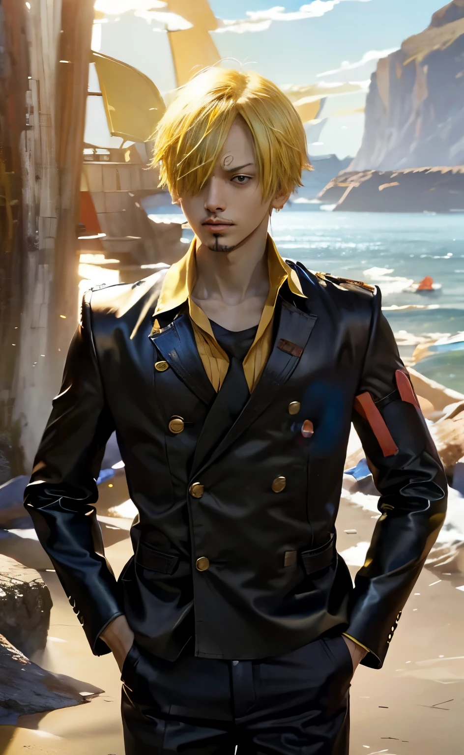 1 man, Sanji from the anime One Piece, short hair , yellow hair, black eye, good looking, black clothes, realistic clothes, details clothing, sea background, Super detailed, realistic