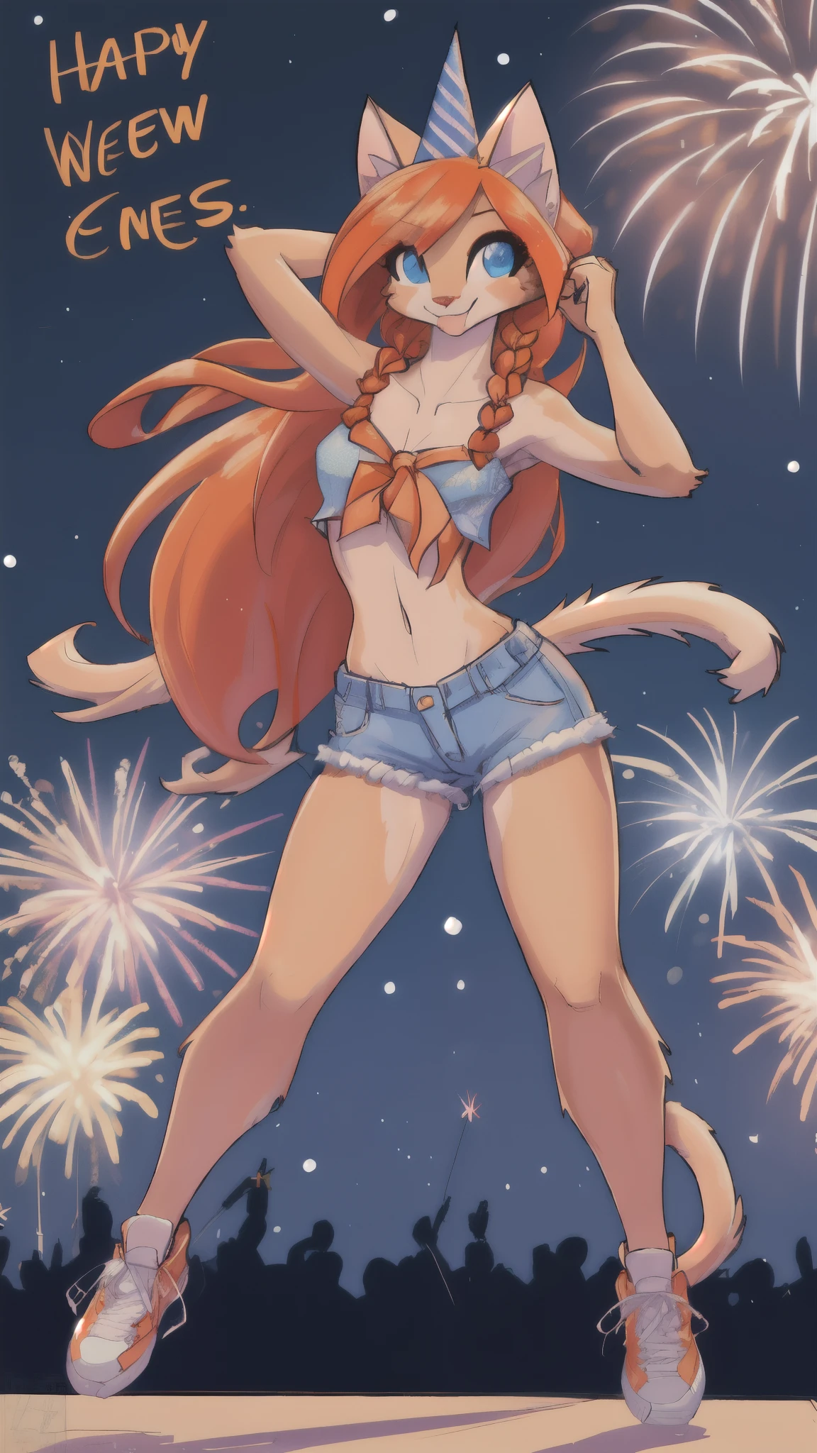 Cute young age female anthro cat girl, skinny, long orange hair, 2 braids in hair, blue eyes, wearing sneakers with untied shoelaces, thin figure, sensual smile, naked, wearing a party hat, ringing in the new year, night, fireworks, excited