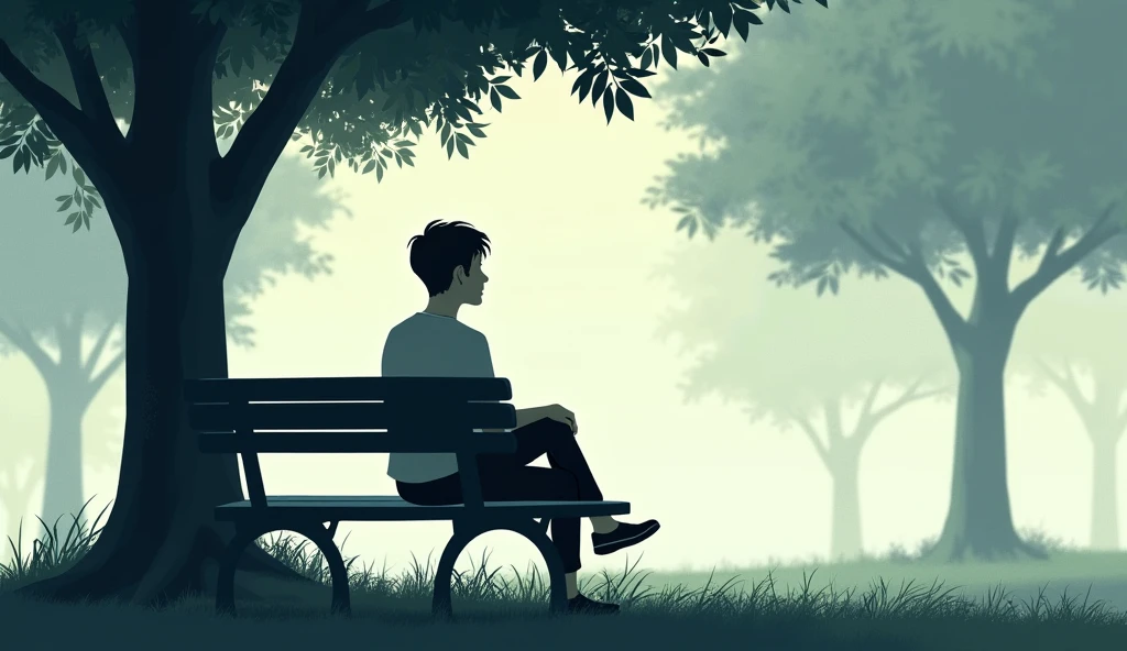 A person sits alone in a quiet park, on a bench beneath a leafy tree ...
