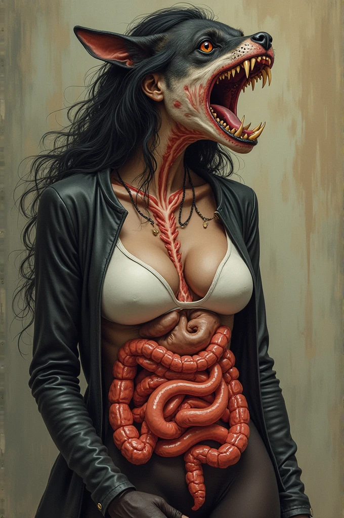 A girl from Buriram with short, curly hair. Her skin is melting in the digestive juices inside her large stomach.