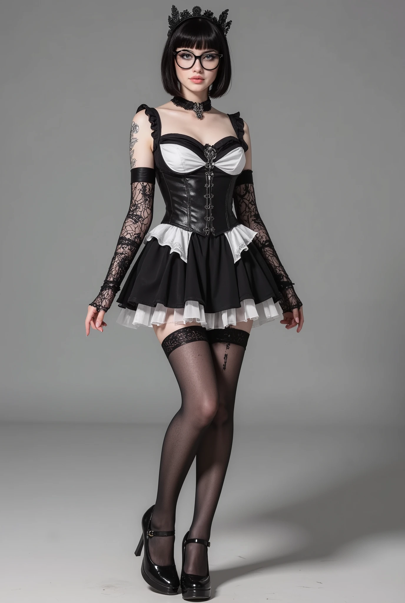 3D Render, 3D Model, of a beautiful skinny girl, short hair, gothic maid outfit, lace gloves, stockings, black heels, large round black rimmed glasses