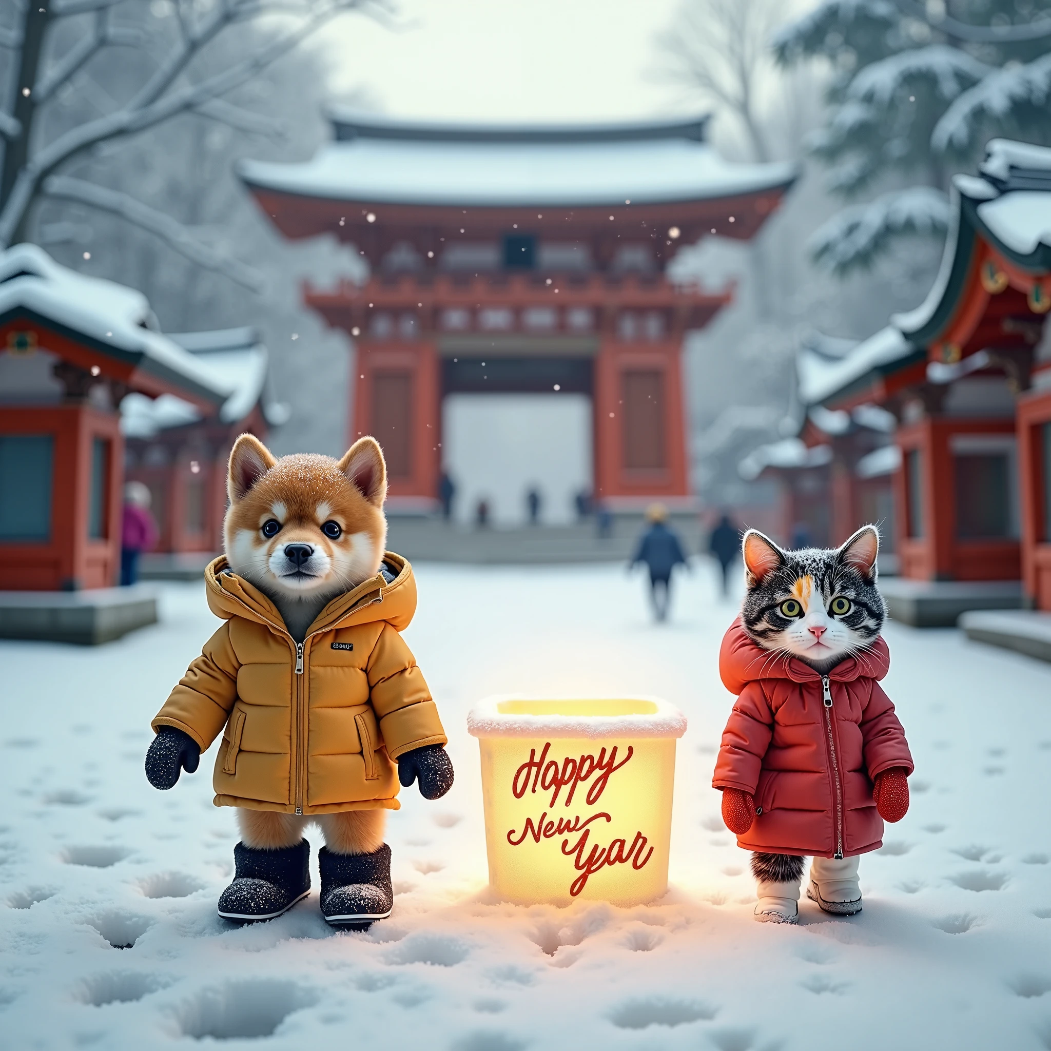 On a quiet winter morning, snow continues to fall in the shrine grounds. The snow-covered trees and torii gates stand solemnly, and fresh snow is fluffy underfoot. The approach to the shrine is lined with trampled footprints, and you can feel the presence of people visiting for the first time of the year. Meanwhile, a Shiba Inu puppy and a calico kitten are walking side by side on two legs. The Shiba Inu is wearing fluffy black snow boots and a warm yellow down jacket. The Calico cat is wearing white snow boots and a bright red duffle coat, with red gloves on his hands. In the background, the magnificent main shrine is visible, and a lantern that has appeared in the snow has a beautifully written "Happy New Year" in a glittering font, giving off a soft light. The Shiba Inu and Calico cat are joining the line of people visiting the shrine for the first time of the year, admiring the light. This image conveys the harmony, elegance, and peaceful, serene beauty of winter.