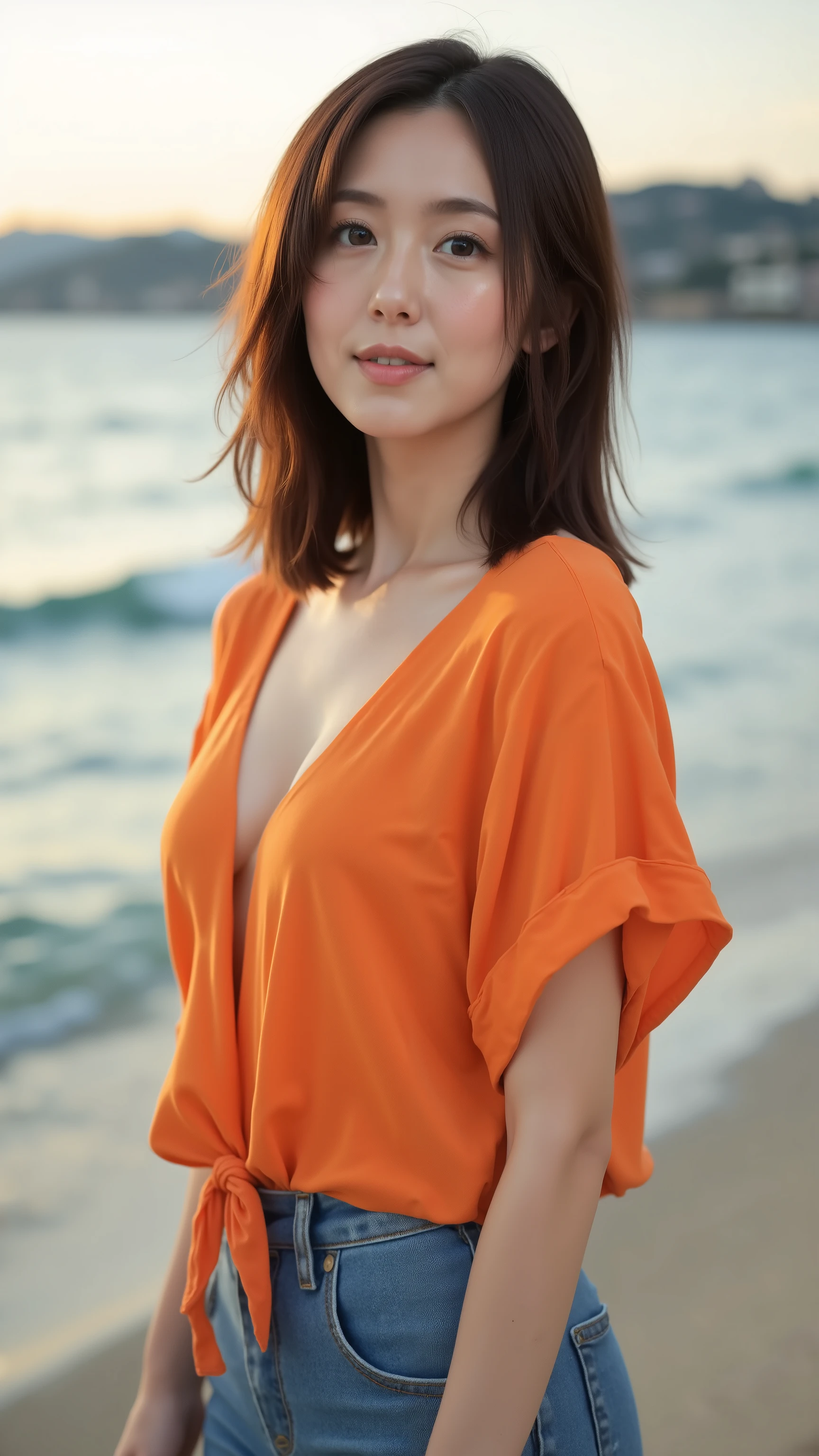 UHD, 16k, Masterpiece, top quality, Surrealism, Korean middle-aged woman,  (( Light orange loose-fit top, slightly bent posture, body tilted towards the camera, gaze directly at the camera, denim shorts, blurry in the background, sea, distant coastline, sunset,  ))