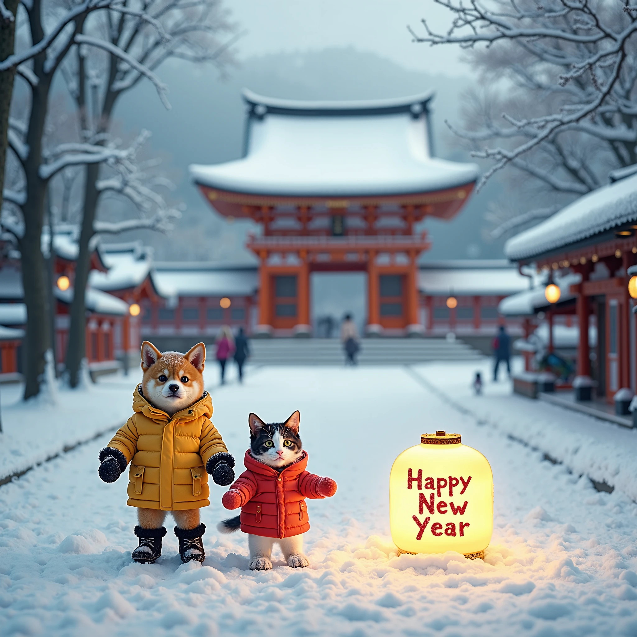 On a quiet winter morning, snow continues to fall in the shrine grounds. The snow-covered trees and torii gates stand solemnly, and fresh snow is fluffy underfoot. The approach to the shrine is lined with trampled footprints, and you can feel the presence of people visiting for the first time of the year. Meanwhile, a Shiba Inu puppy and a calico kitten are walking side by side on two legs. The Shiba Inu is wearing fluffy black snow boots and a warm yellow down jacket. The Calico cat is wearing white snow boots and a bright red duffle coat, with red gloves on his hands. In the background, the magnificent main shrine is visible, and a lantern that has appeared in the snow has a beautifully written "Happy New Year" in a glittering font, giving off a soft light. The Shiba Inu and Calico cat are joining the line of people visiting the shrine for the first time of the year, admiring the light. This image conveys the harmony, elegance, and peaceful, serene beauty of winter.