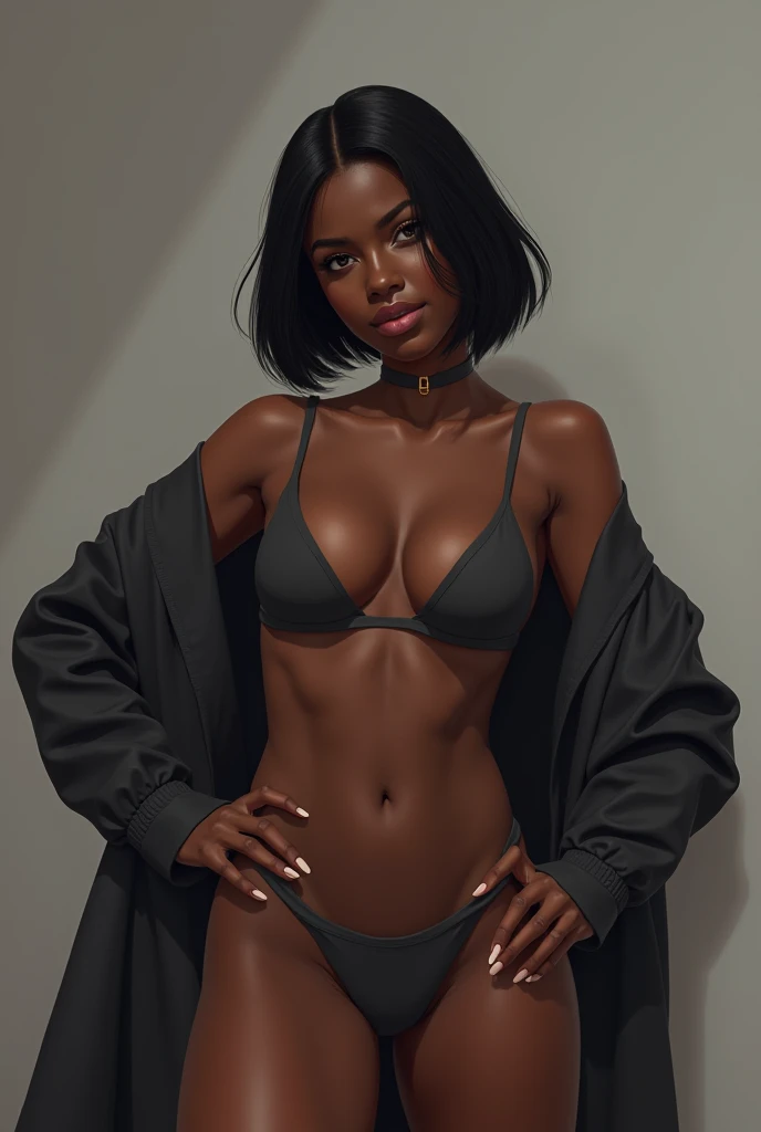 darkskin, bob cut, golden necklace, tied shirt, tummy, flashing red panties, skirt short, Stockings, greeneyes