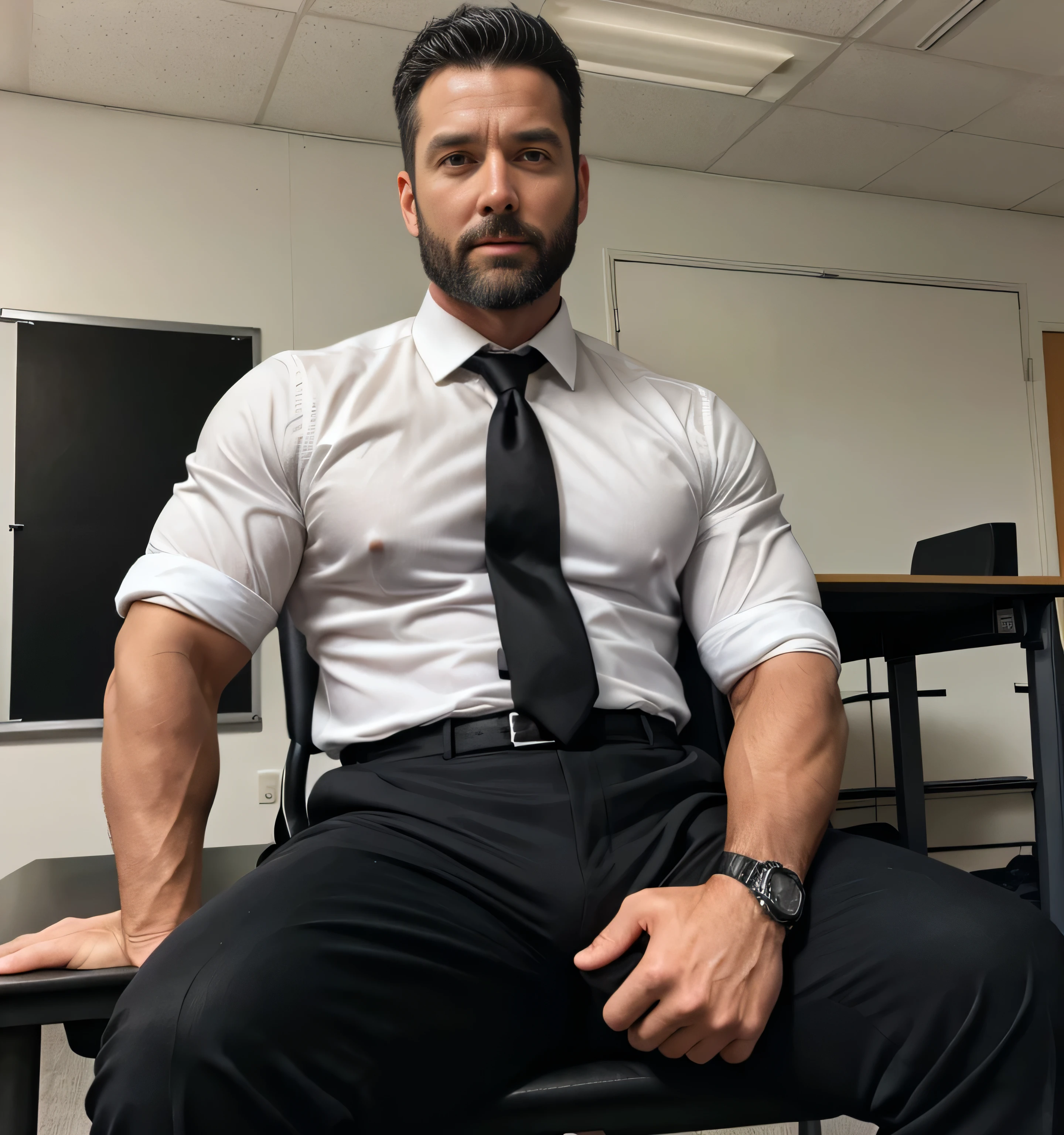 Realistic​ photography​ of a​ korean​​ sexy​ boss​, 29 ages​​​ , wearing​ a​ suit, thin​ necklace​, huge ​ pecs​, ​ fat​ ,​ tan​ skin, at​ office​ old​s,sit cool