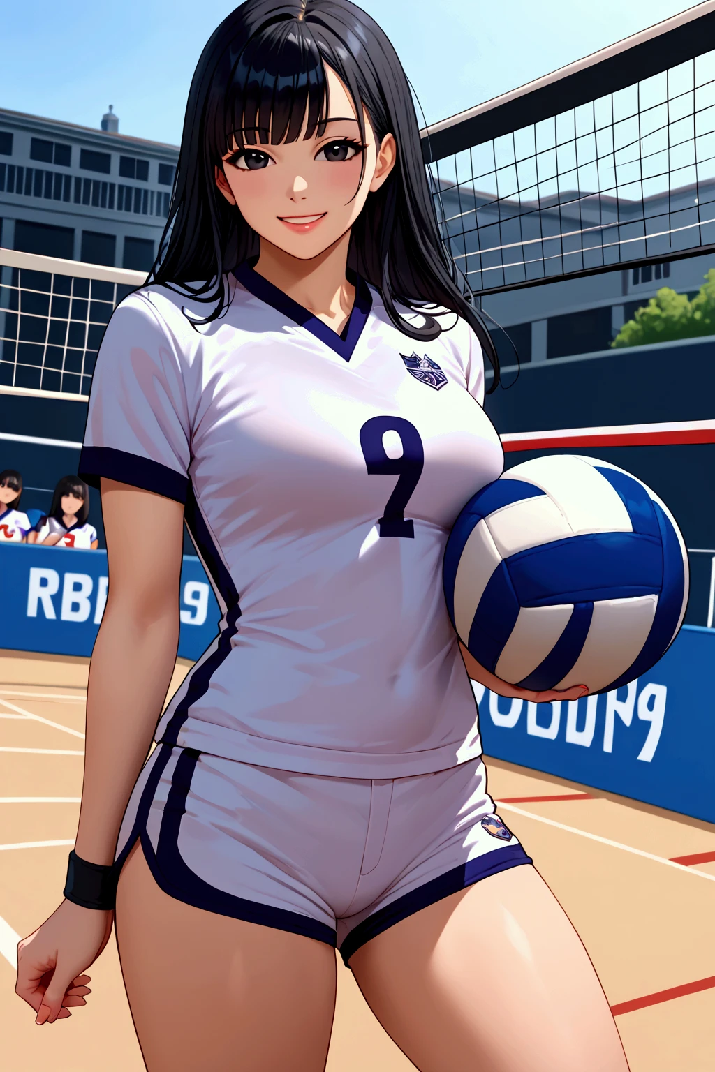 Dark long brown hair dark green eyes big boobs in volleyball uniform