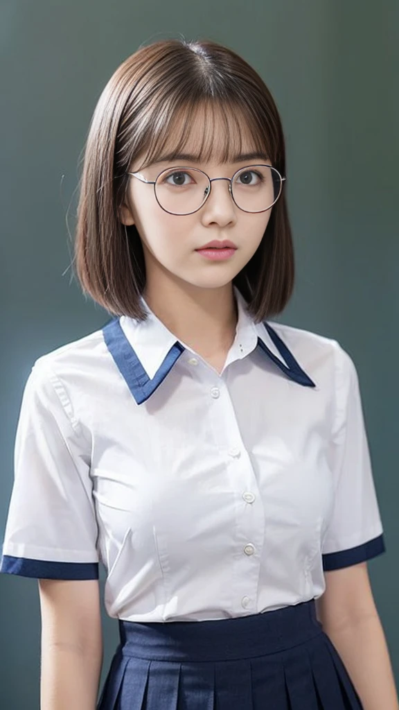 ( top quality:1.5), ( real:1.4), ( Ultra Fine:1.4), (1girl), (18-years-old girl), (normal body), (normal size ), (short sleeve school uniform white blouse), ( school uniform navy blue skirt), (normal height), (bangs), ( bob cut), (Glasses), (Straight face), (girl with glasses is standing front the plain background), ( cowboy shot ), (Plain background), (front view of the face), (front view of the body), (Face body directly ahead), (girl wears white short sleeve school uniform blouse and navy blue school uniform skirt), (upright)