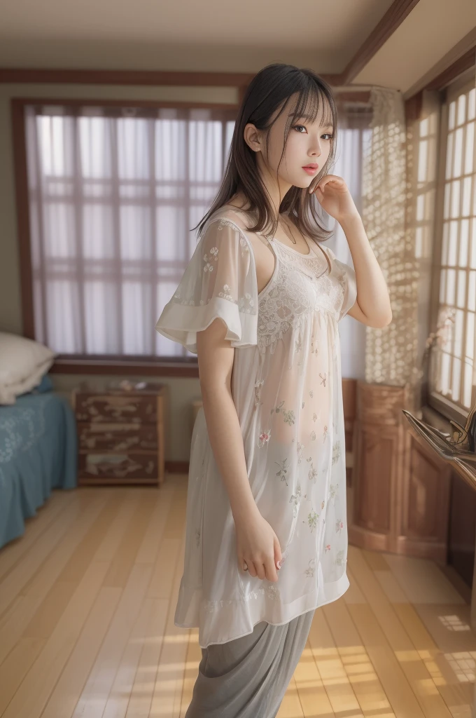 (NSFW,1 Japanese girl lying on her back on the bed:2.0),(knees up:2.0),(Spread her legs:2.0), 26 years old, incredibly ultra cute, neat and clean, happy smile, detailed charming eyes, detailed face, (laced negligee, ultra slender,slim legs, incredibly white and beautiful skin, short silver hair:1.5),best quality,4k,8k,highres,masterpiece,ultra-detailed,realistic,photorealistic,photo-realistic,highly detailed,intricate details,vibrant colors,soft lighting,beautiful scenery,delicate features,cute expression,elegant pose