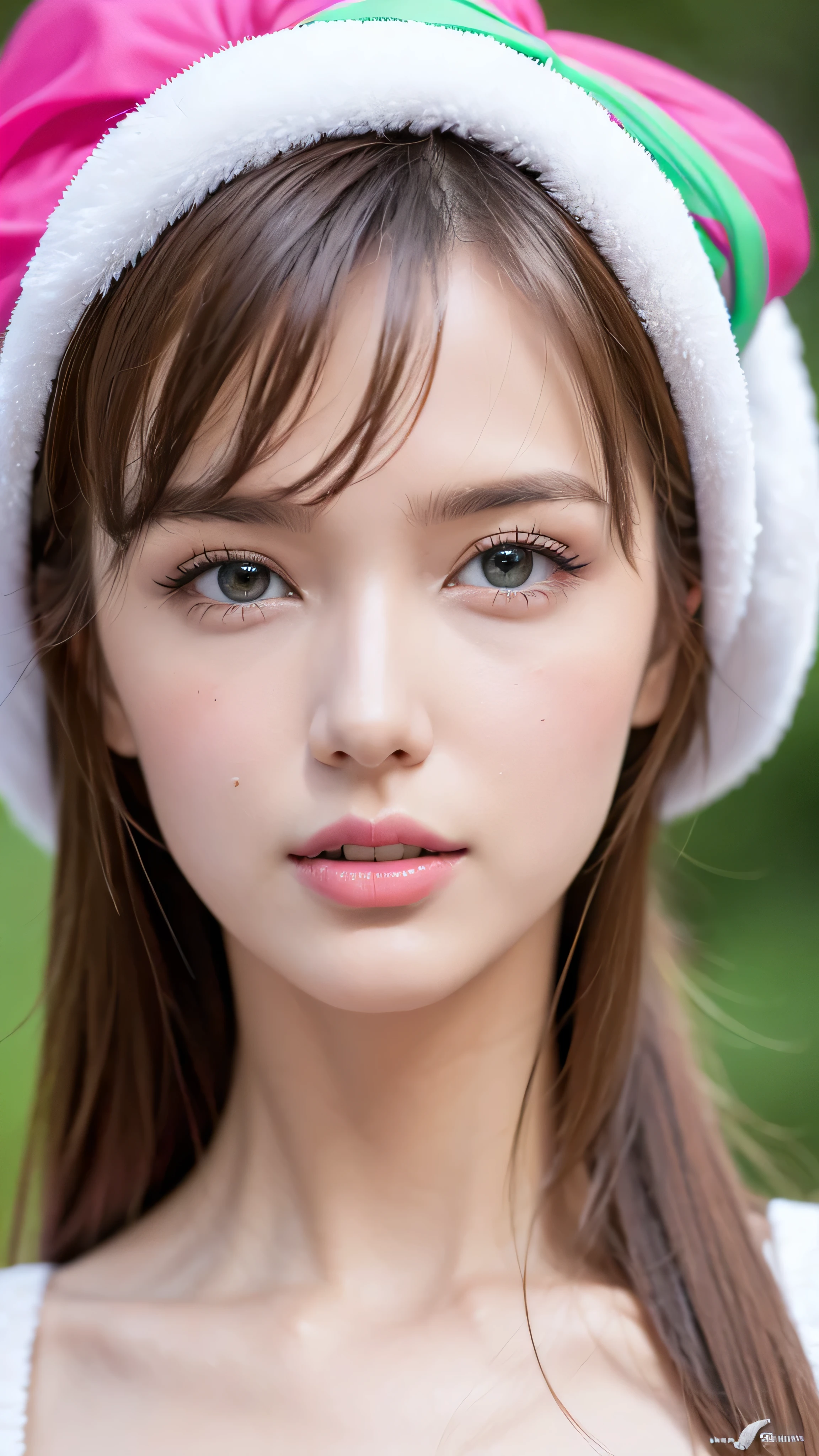 Ukrainian Women Photos . Face . Age 25, Sharp Chin , RAW photos , masterpiece, High definition photos, dslr , photorealistic 3 .9, Super high resolution, Top Quality , pink lips, Completely-valid, big, bright green eyes , white