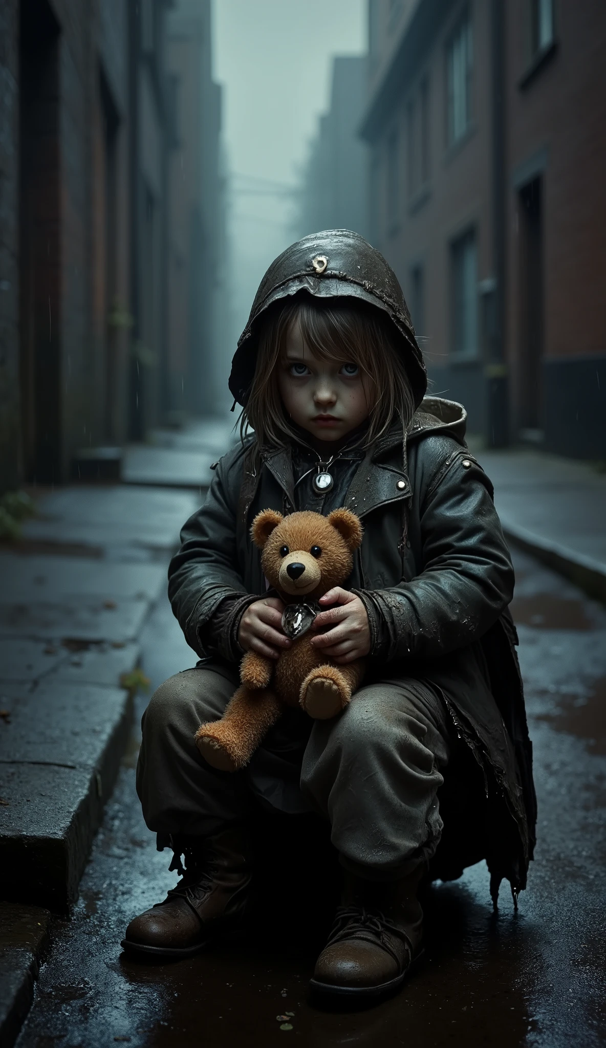 A , wet, dirty, wet from the rain, alone, sitting on the sidewalk holding her teddy bear, dark night, rain, fog, cold, photo studio, focus, clear image, geometric lighting, 8k.