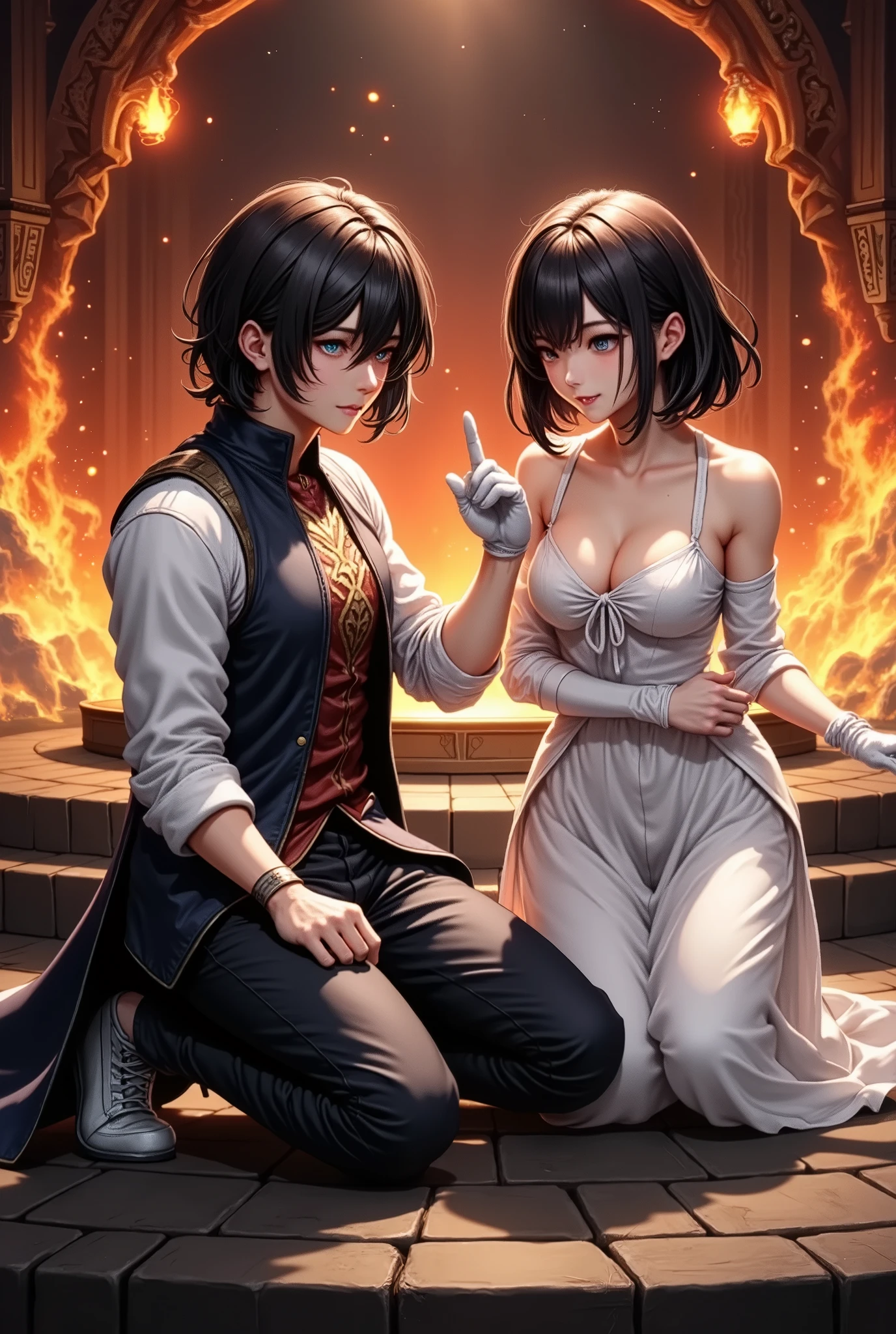 (Ultra-detailed face, Looking away, Fantasy Illustration with Gothic. Dark tone colors. Two people, a man and a woman.), BREAK 
(Temple of Fire. Flowing lava. Blowing flames and pillars of fire. Scattering sparks of fire.), BREAK 
(Haruna, a female Magical Trickster, and Asuka, a tall male Sword Saint, are in the Temple of the Flame Giants on the Xen'drik continent. A hot wind is blowing violently from the altar of fire in the center of the temple. Haruna points one hand straight at the altar and shoots concentric rings of white light from her fingertips. Asuka kneels on one knee, stares at the great sword in one hand, and puts the blue-white aura that flows out from both hands into the great sword.), BREAK 
(Asuka wears a heavy copper-trimmed vestment with a silver breastplate with a high collar angel relief. She wears wing boots with relief of bird feathers.), BREAK 
(Haruna wears a white silk lace-up dress with a silver ribbon tie, white long gloves, gold embroidery, and white laced sandals.)