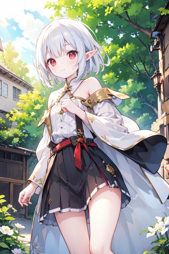  Elf Smiles Naked, Short Silver Hair, Red Eyes, Lies Outdoors 