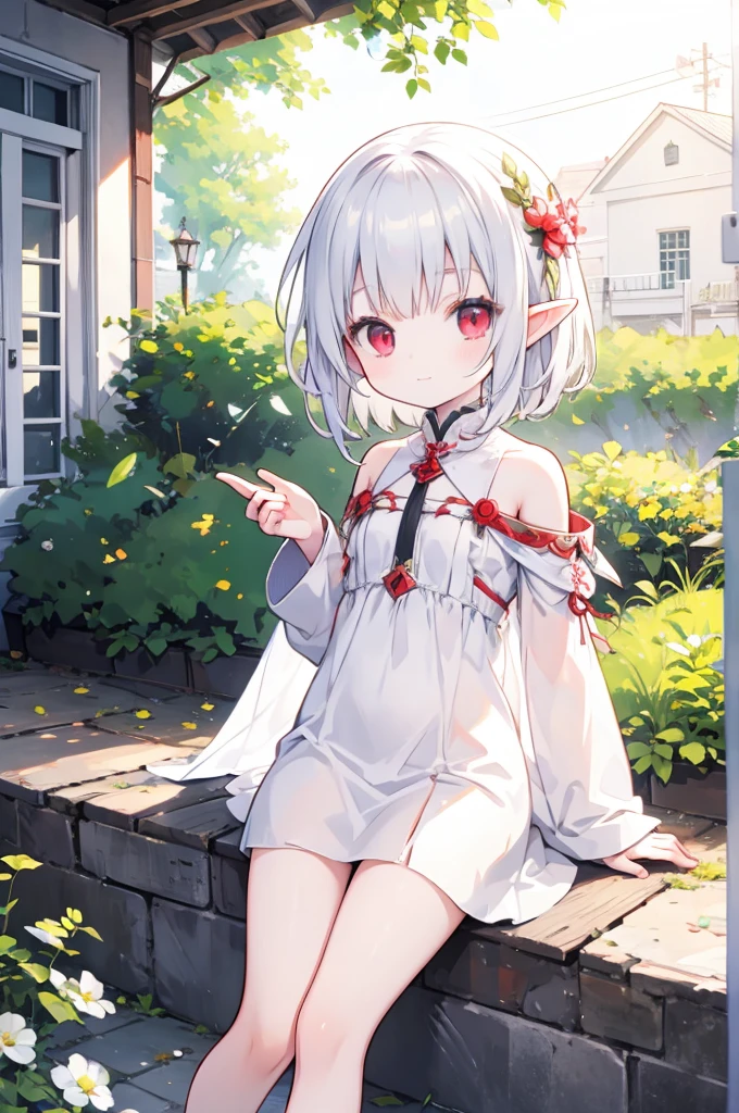 Little Elf Smiles Naked, Short Silver Hair, Red Eyes, Lies Outdoors 