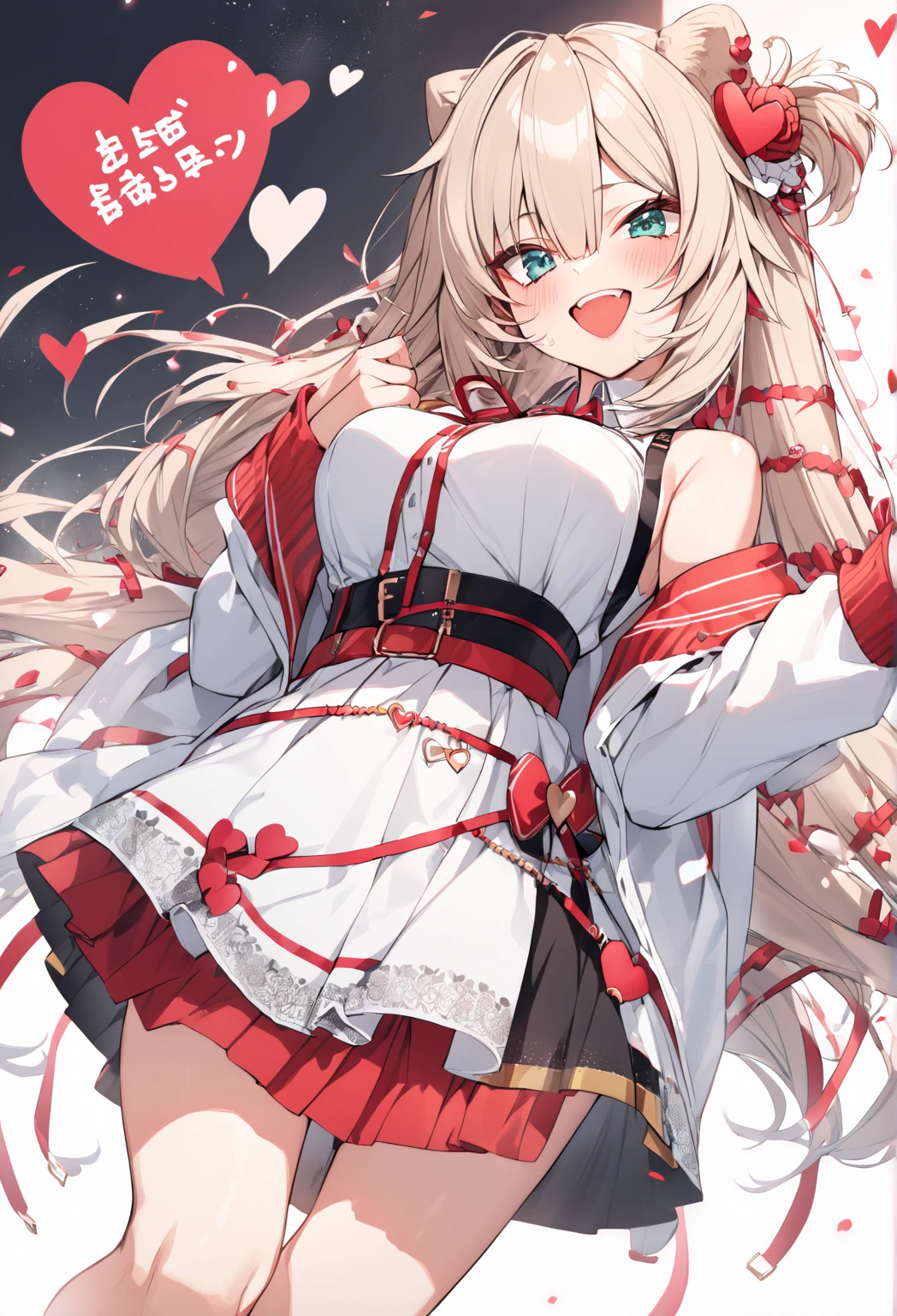 high quality,masterpiece,extremely detailed faces,fox ears,high detail, heart shaped pupils,white色婚紗,love students,Off the shoulders,a lot of heart,slim girl,highly rendered,Detailed face,white,on your belly,