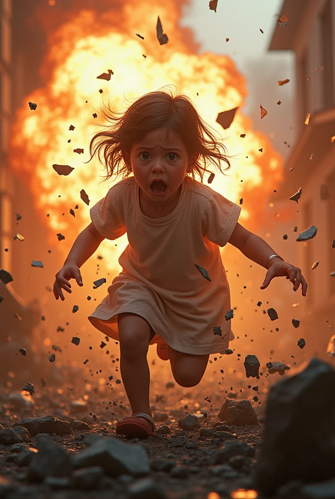 a girl with blonde pigtails wearing a blue dress, her pretty face with insanely detailed eyes and intense look, in a fighting pose, in a destroyed city with distant fires and rising smoke, (best quality, 4k, 8k, highres, masterpiece:1.2), ultra-detailed, (realistic, photorealistic, photo-realistic:1.37), HDR, UHD, studio lighting, ultra-fine painting, sharp focus, physically-based rendering, extreme detail description, professional, vivid colors, bokeh, 