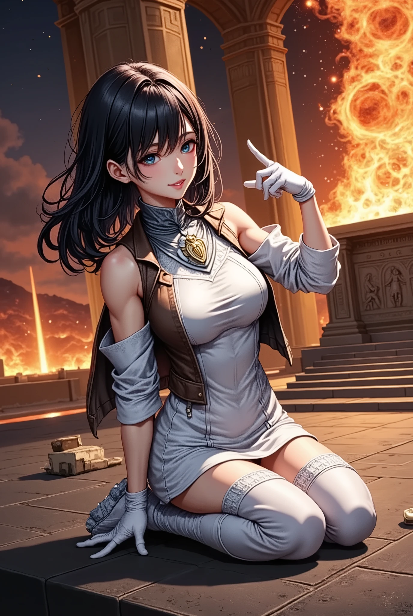 (Ultra-detailed face, Looking away, Fantasy Illustration with Gothic. Dark tone colors. Two people, a man and a woman.), BREAK 
(Temple of Fire. Flowing lava. Blowing flames and pillars of fire. Scattering sparks of fire.), BREAK 
(Haruna, a female Magical Trickster, and Asuka, a tall male Sword Saint, are in the Temple of the Flame Giants on the Xen'drik continent. A hot wind is blowing violently from the altar of fire in the center of the temple. Haruna points one hand straight at the altar and shoots concentric rings of white light from her fingertips. Asuka kneels on one knee, stares at the great sword in one hand, and puts the blue-white aura that flows out from both hands into the great sword.), BREAK 
(Asuka wears a heavy copper-trimmed vestment with a silver breastplate with a high collar angel relief. She wears wing boots with relief of bird feathers.), BREAK 
(Haruna wears a white silk lace-up dress with a silver ribbon tie, white long gloves, gold embroidery, and white laced sandals.)