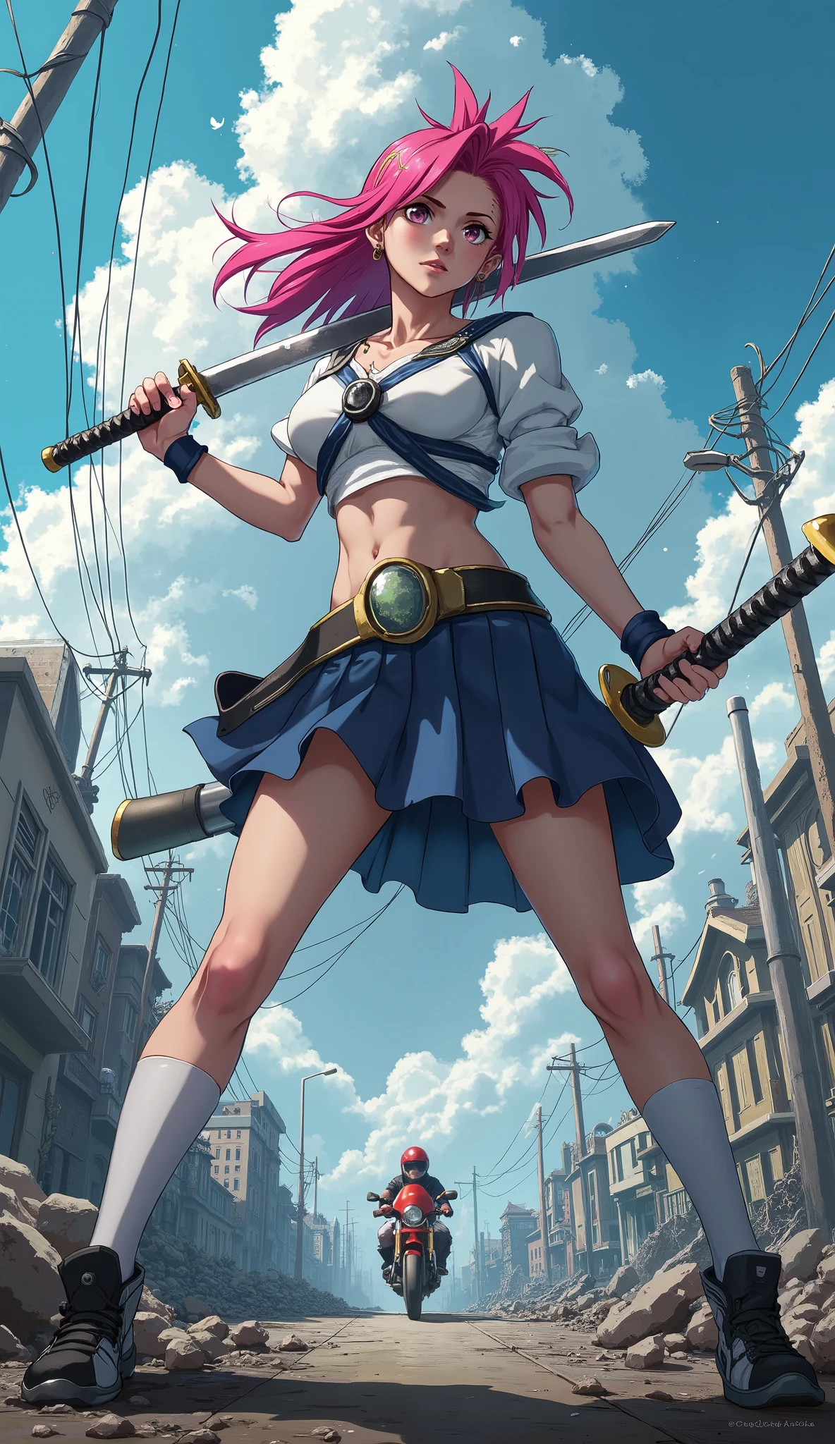  A standing girl holding a katana , pink hair,  white blouse and short Japanese high school sweater , short blue high school skirt , knee-length stockings , pose sexy,  camera angle tilted from bottom to top ,  post-apocalyptic scenario ,  clouds in the sky ,  a biker with a red helmet and red motorcycle in the background of the scenery.