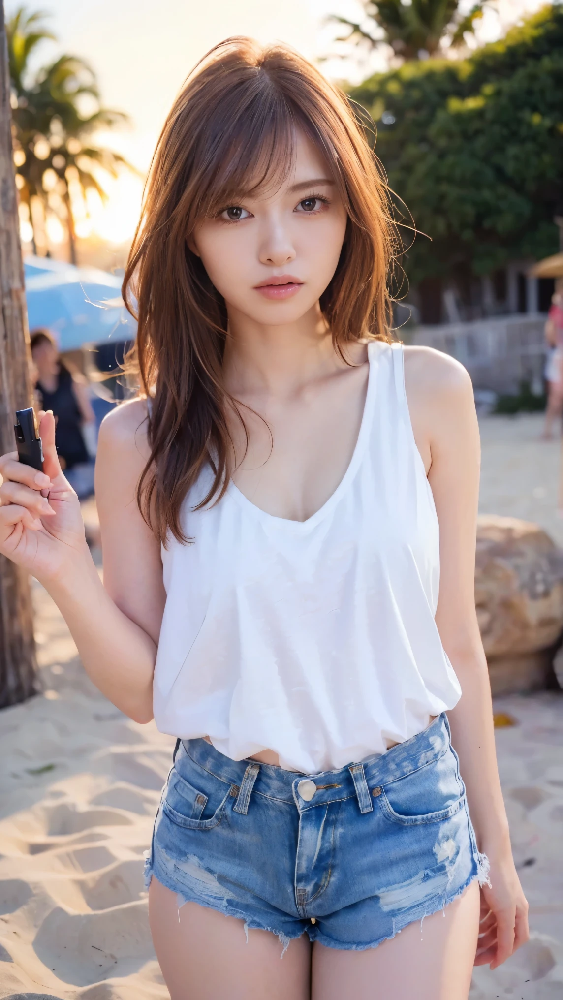 highest quality、Realistic、female、zoom、Gray Eyes、Short wavy chestnut hair、White blouse、Denim pants、slender、Flat Chest、Dark Skin、Ocean、Bust Shot、