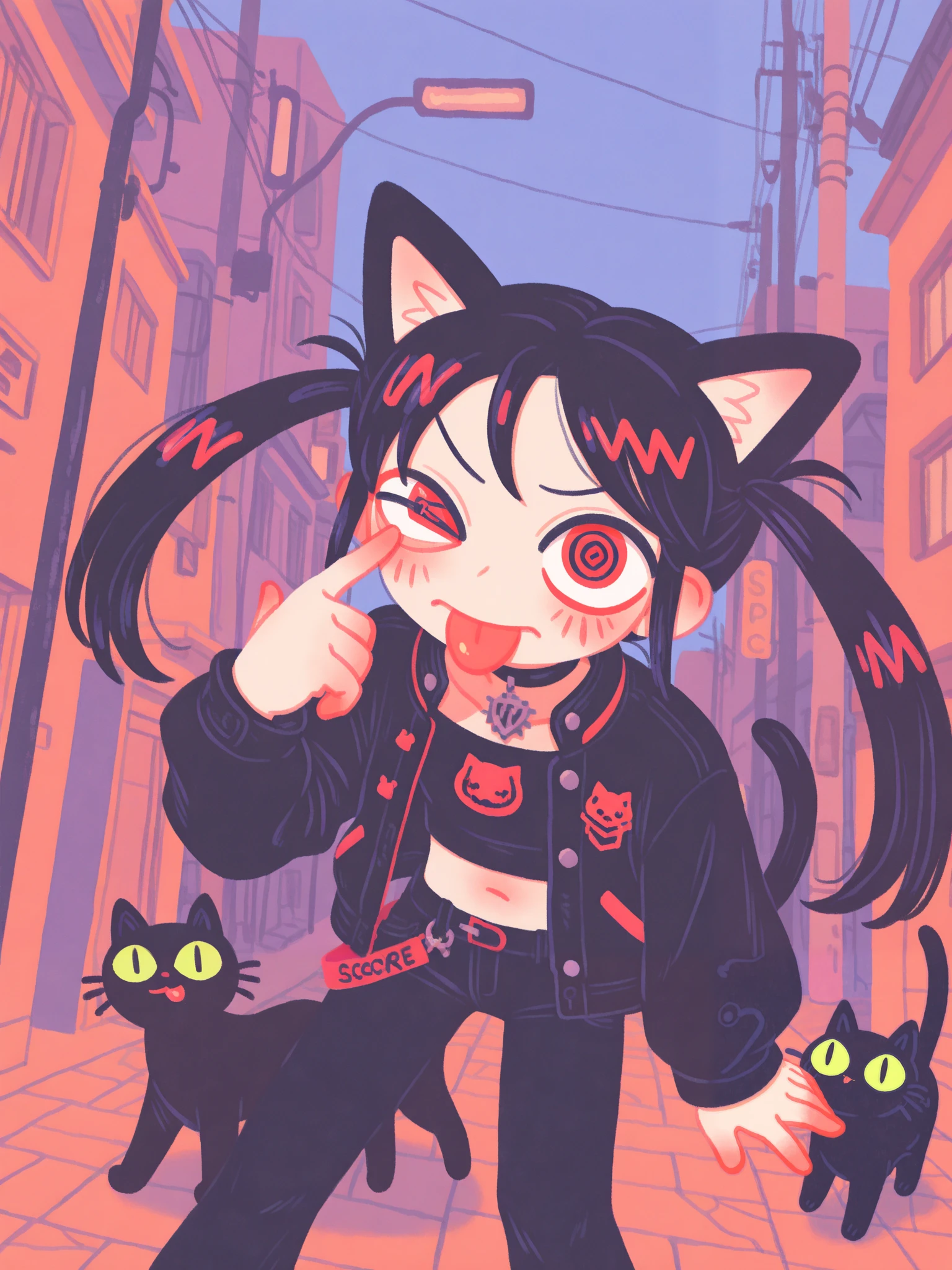 (solo:1.2),1girl\(cute, kawaii,(evil smile),akanbe, eyelid pull, tongue out, finger to eye, hand up, :p, index finger raised ,one eye closed, (black hair:1),(long hair),(twin tails hair),pale skin, red eyes,(detailed eyes:1.4),spiral eye, eyes shining, (big eyes),(breast:1.4),(punk fashion:1.6),(ripped clothes:1.3),(tight tube top),(tight hot pants),(stomach shown:0.8),(abs:0.8),(ripped black short jacket:1.4),(fluffy black cat-ear:1.6),(fluffy black cat-ear:1.6),(dynamic pose:1.4)\)),(bang:1.2)\). BREAK .background\(outside, noisy city, backstreet, narrow street, neon lights, at night\).(close up of face:1.5),(close up of face:1.5),pop art,vivid color, (graffiti art:0.5)