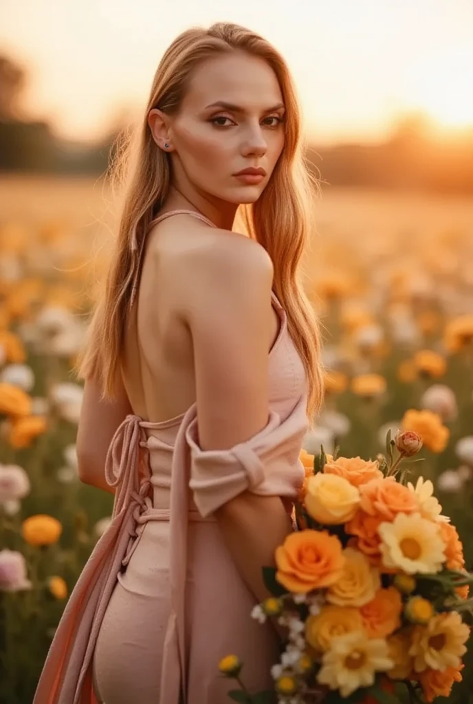 A woman standing in the middle of a lush flower field at dawn, holding a bouquet of colorful wildflowers in her hands. The flowers are arranged so that 'Happy New Year' is subtly written on the petals or leaves, glowing slightly in the soft morning light. The dew on the flowers adds a fresh touch to the scene, while the woman's flowing dress and wind-tousled hair give a sense of serenity and new beginnings."