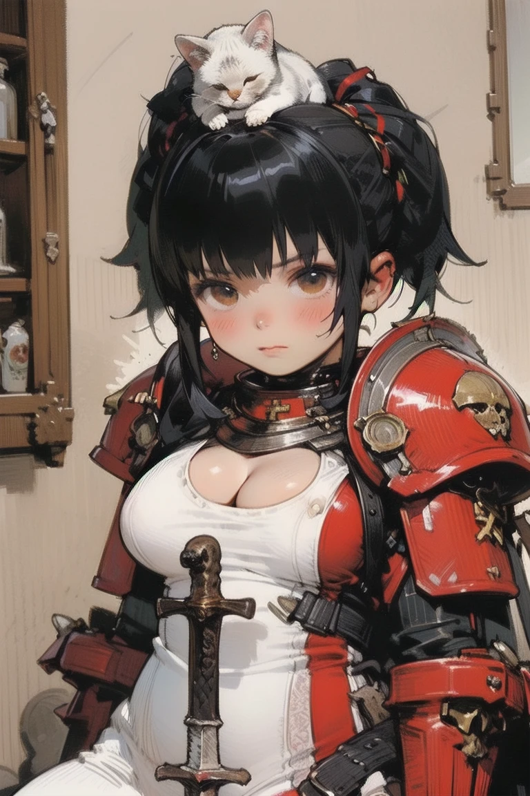  (((Cat on head))), cat, sexy woman, detailed digital anime art , girl in armor, ( large cleavage:1.2), 剣と盾を持っている, gigantic breast, buster-sword, 白い鎧, 