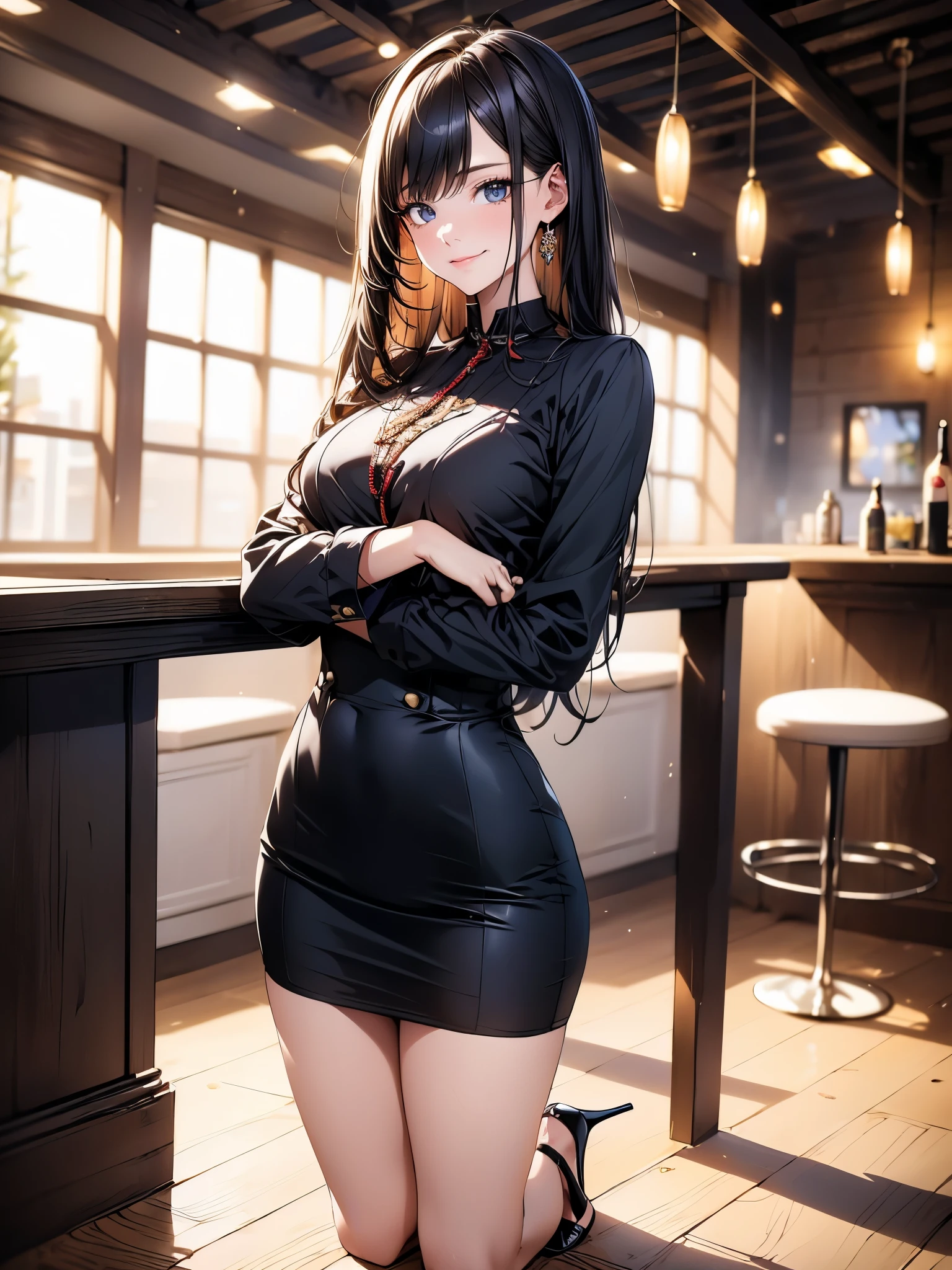 Anime - Woman in style with katana in black leather costume, succubus in tight kilt, commission for high resolution, noire moody scene, Tifa Lockhart, Charming Tifa Lockheart, alluring tipha lockhart portrait, [ 4 K digital art ]!!, ff Tifa, Deviantart ArtStation CGSCOSIETY, expressing joy. by Krenz Cushart，（8K，best qualtiy，tmasterpiece：1，2），top Quority，tmasterpiece，Exquisite facial features，Beautiful and moving face，Woman in black miniskirt and black lace tight-fitting top, and white gloves on his hands，Take a katana and wield it，deep v big breasts，full-body xianxia,skinny waist and thick hips，Thick body， Busty girl model，Sexy pose, Attractive pose, Dance，long and flowing hair，full body shot of, Good hips and long legs, distorted pose, 2 4 year old female model, Sexy look,  Bigchest，Sexy and feminine，Hot body，Black stockings，messy  hair，