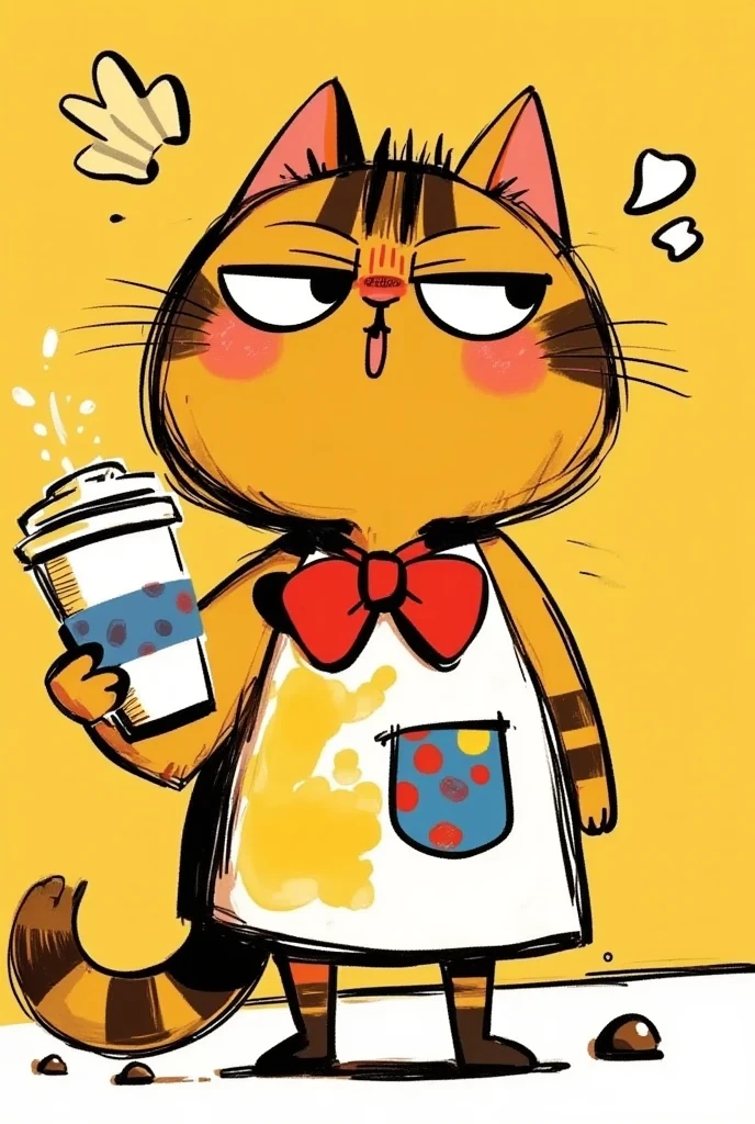 Children's graffiti style。A cute cartoon cat。With an apron，Holding coffee in hand。Black lines outline。Sloppy。