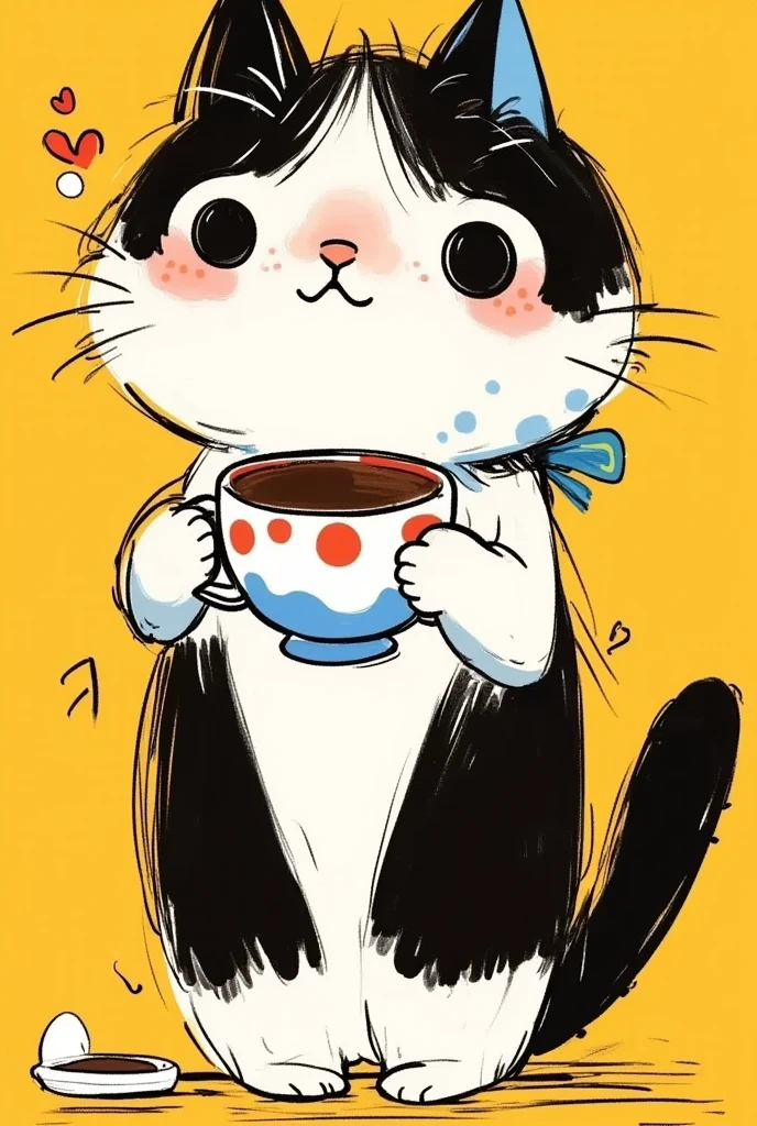 Children's graffiti style。A cute cartoon cat。With an apron，Holding coffee in hand。Black lines outline。Sloppy。