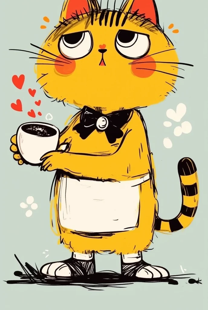 Children's graffiti style。A cute cartoon cat。With an apron，Holding coffee in hand。Black lines outline。Sloppy。