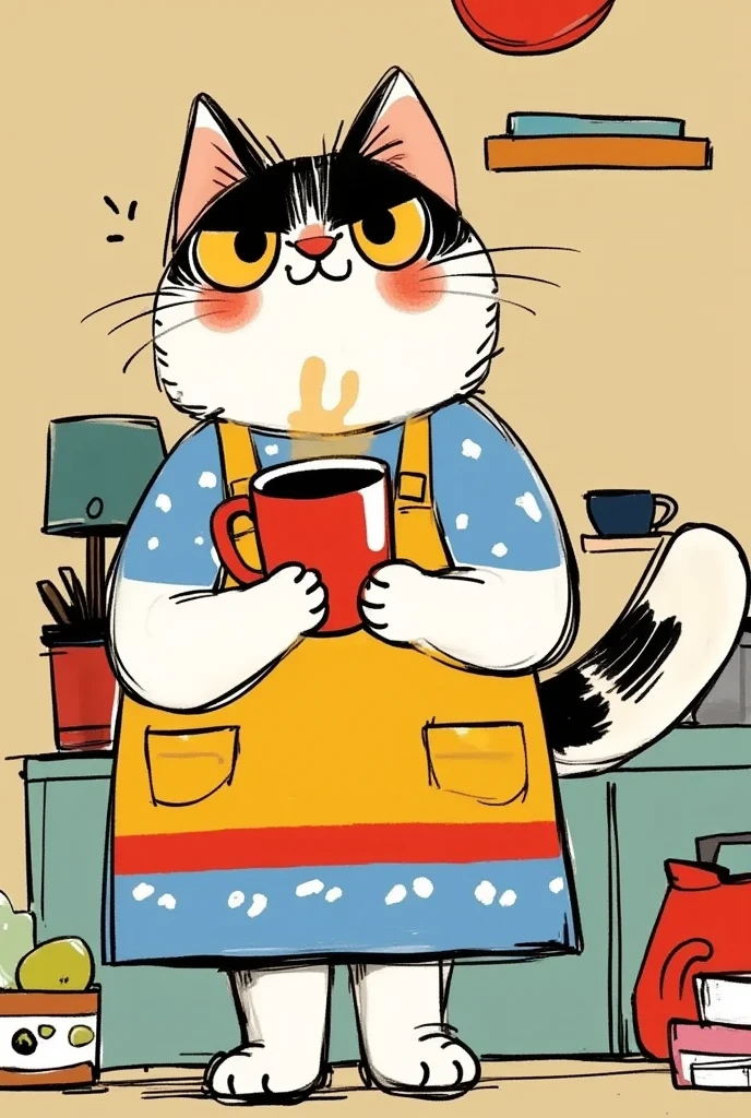 Children's graffiti style。A cute cartoon cat。With an apron，Holding coffee in hand。Black lines outline。Sloppy。