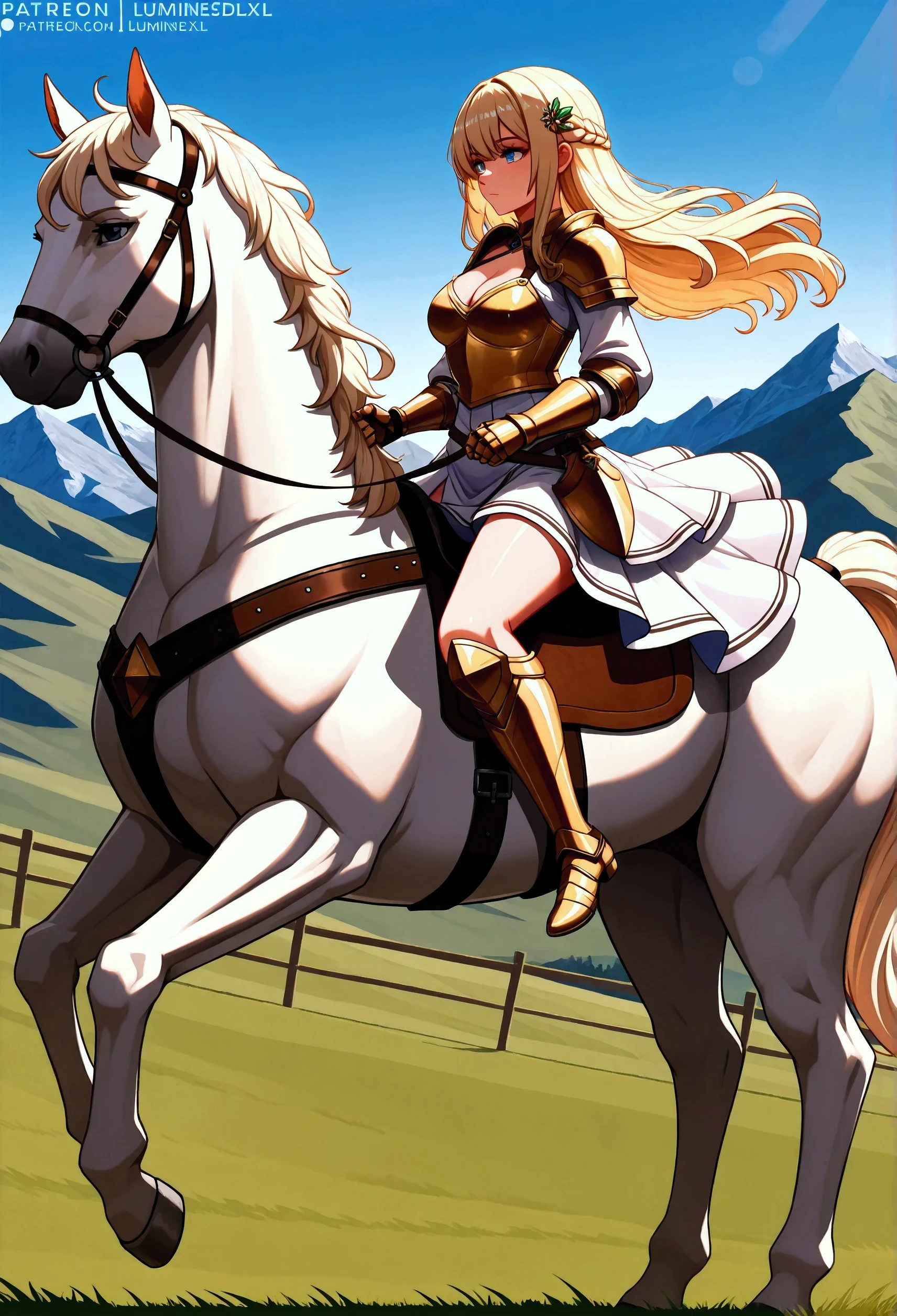 ((best quality)), ((anime masterpiece)), (high detailed), 8k, cinematic lighting, perfect face, perfect hand, riding, horse, (((a young woman wearing in adventurer clothes watching a blue sky while riding on a WHITE HORSE)), ([lumineSDXL, blonde hair, hair ornament, cleavage, medium breast]), (white dress, breastplate, cleavage, gauntlet, bare legs, greaves, )), BREAK, ([white horse, saddle, reins, bridle, standing]), solo, (on the grassland, mountainside, fantasy settings:1), both hand holding rein, from side: 1, anatomically correct