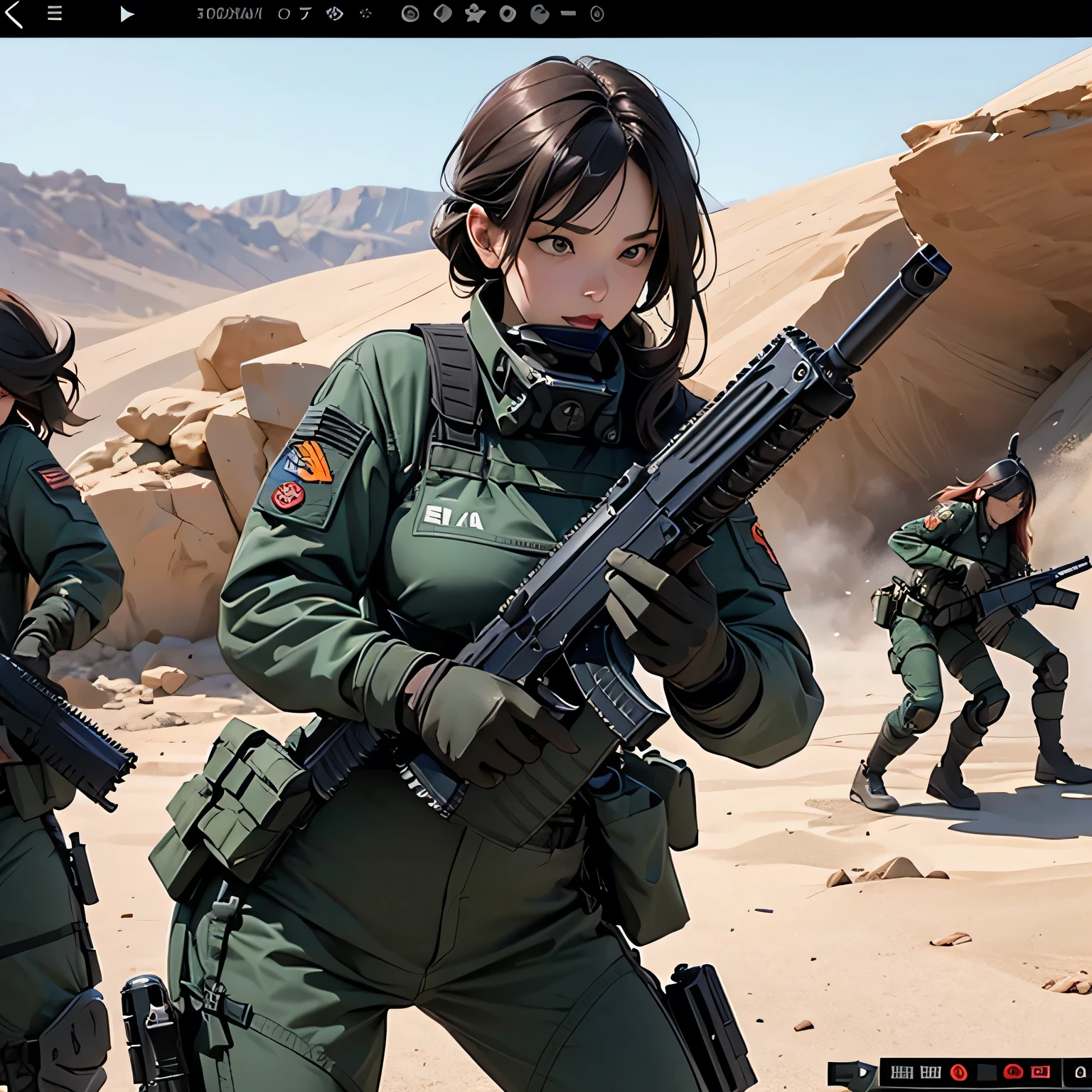 , animated screenshot , 16K, Perfect Body Ratio , perfect hands, action, Dynamic composition,Full of speed and movement , ( firing assault rifles , shooting:1.6), mature women who want oral sex, 40 years old, Perfectly beautiful, delicate and sexy face , perfect beautiful and exquisite eyes , Redhead, full bangs pixel hairstyle , dark green heavy armor fully armed power armor , A group of female snipers in full armed power armor is engaged in a shootout, bullets flying , A group of female snipers wearing heavy armored steam tactical equipment are fighting against the backdrop of an abandoned desert city , war, Post-apocalypse ,