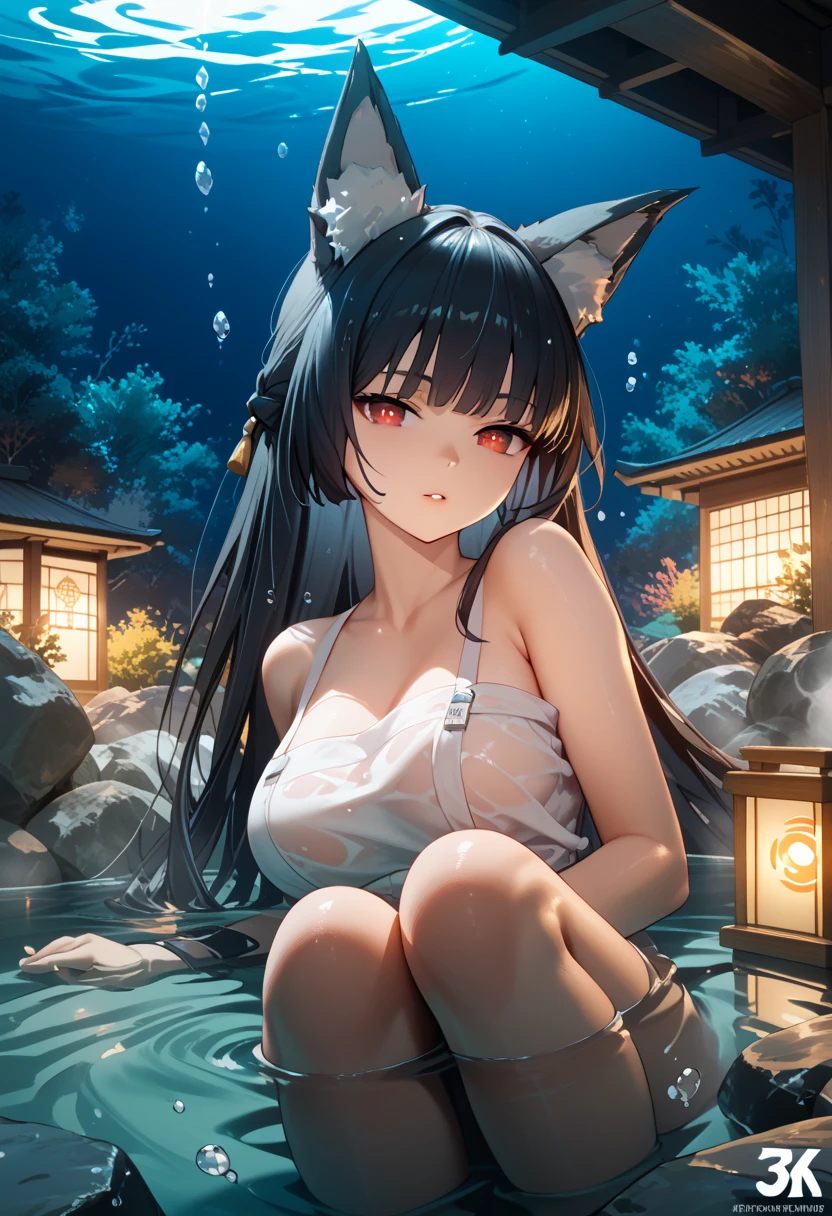  masterpiece， High Resolution ，Anime Art，Anime Numbers， 4k anime wallpaper，Soft Light， radiant skin， unique ，An anime girl，The body is underwater， Steaming ， long black hair ， red eyes， Wolf Ears ，night，Hot Spring Background