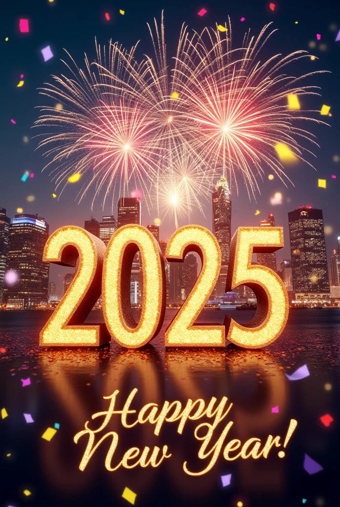 A vibrant and festive New Year poster featuring fireworks exploding in the night sky above a bustling city skyline. In the foreground, large bold numbers "2025" are prominently displayed, glowing with golden sparkles. Colorful confetti falls from the top, and a shimmering countdown clock is visible, showing "00:00". The background is illuminated by bright lights and the glow of the fireworks. Around the numbers, the text "Happy New Year!" is written in elegant, sparkling script.