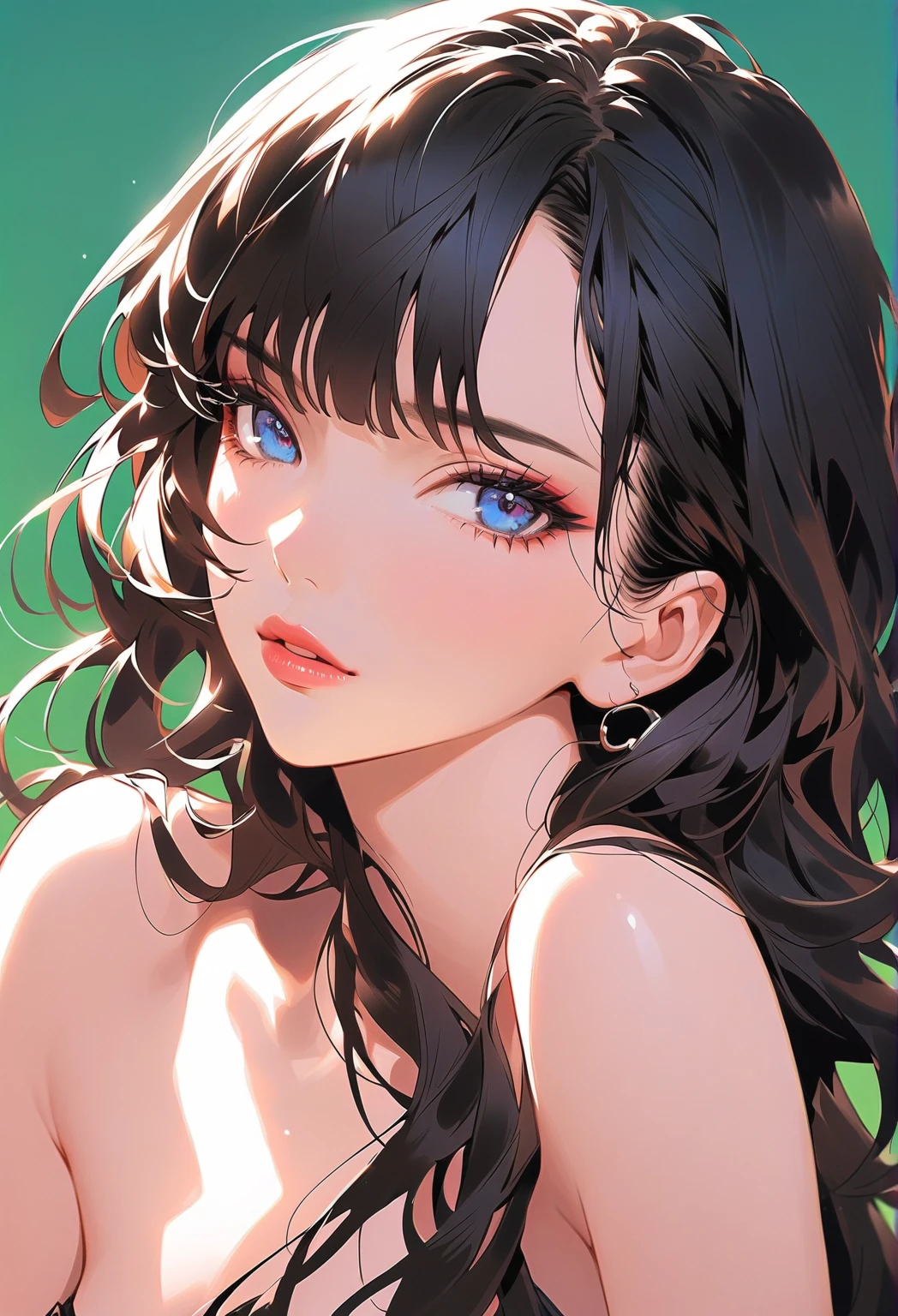 1 girl, (Rainbow Hair, Colorful Hair, half green and half pink hair: 1.2), 17 years old, green_null, Have a magic wand, summer (Oceansupon), petal_upon_liquid, Black hooded cloak, red and black ripped dress, skirt: 1.2, (gold lupong curly hair: 1.5), null, Outdoor, cloud, bangs, smile, null green eyes, Exposing shoulders, Perfect hands, Hand Detail, Repaired finger. Earrings, Ocean + background, Looking_in_Audience, Cowboy Shot, Highest quality, Rich details, Perfect image quality, sunrise